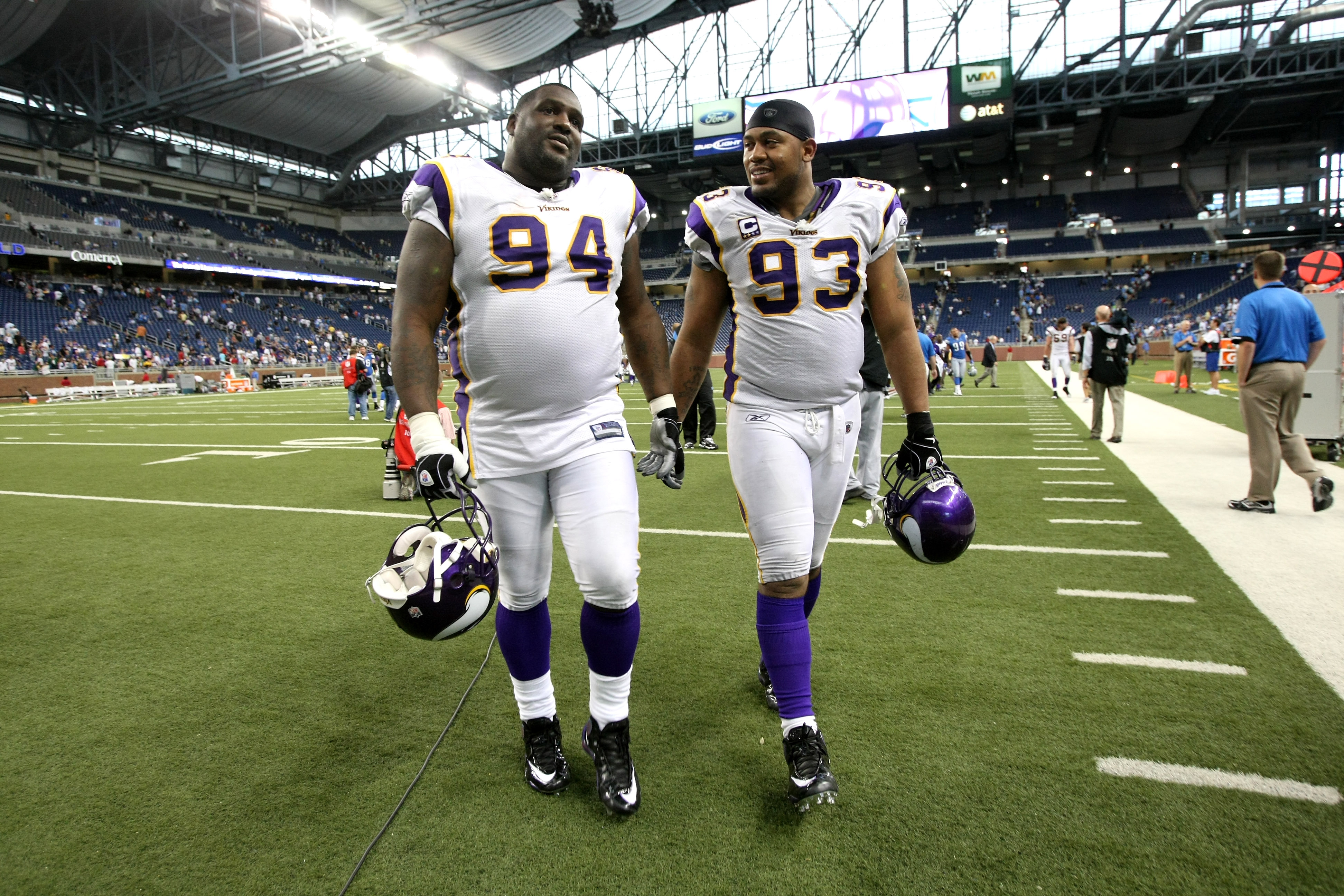 DETROIT - SEPTEMBER 20: Defensive linemen Pat Williams #94 and Kevin Williams #93 of the Minnesota Vikings walk off the field after the game with the Detroit Lions at Ford Field on September 20, 2009 in Detroit, Michigan. The Vikings won 27-13. (Photo by DETROIT - SEPTEMBER 20: Defensive linemen Pat Williams #94 and Kevin Williams #93 of the Minnesota Vikings walk off the field after the game with the Detroit Lions at Ford Field on September 20, 2009 in Detroit, Michigan. The Vikings won 27-13. (Photo by