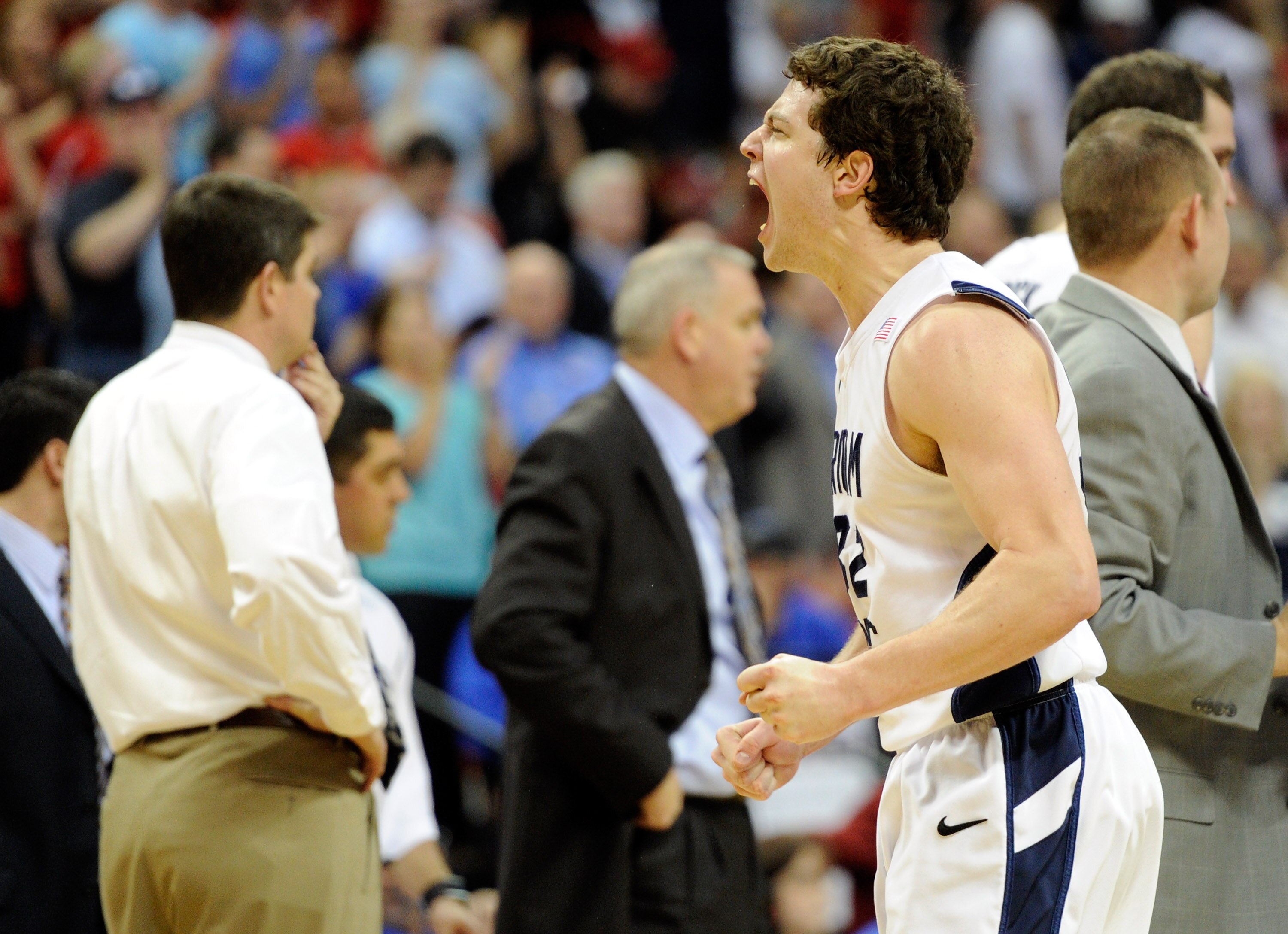 LAS VEGAS, NV - MARCH 11:  Jimmer Fredette #32 of the Brigham Young University Cougars reacts during a semifinal game of the Conoco Mountain West Conference Basketball tournament against the New Mexico Lobos at the Thomas & Mack Center March 11, 2011 in L
