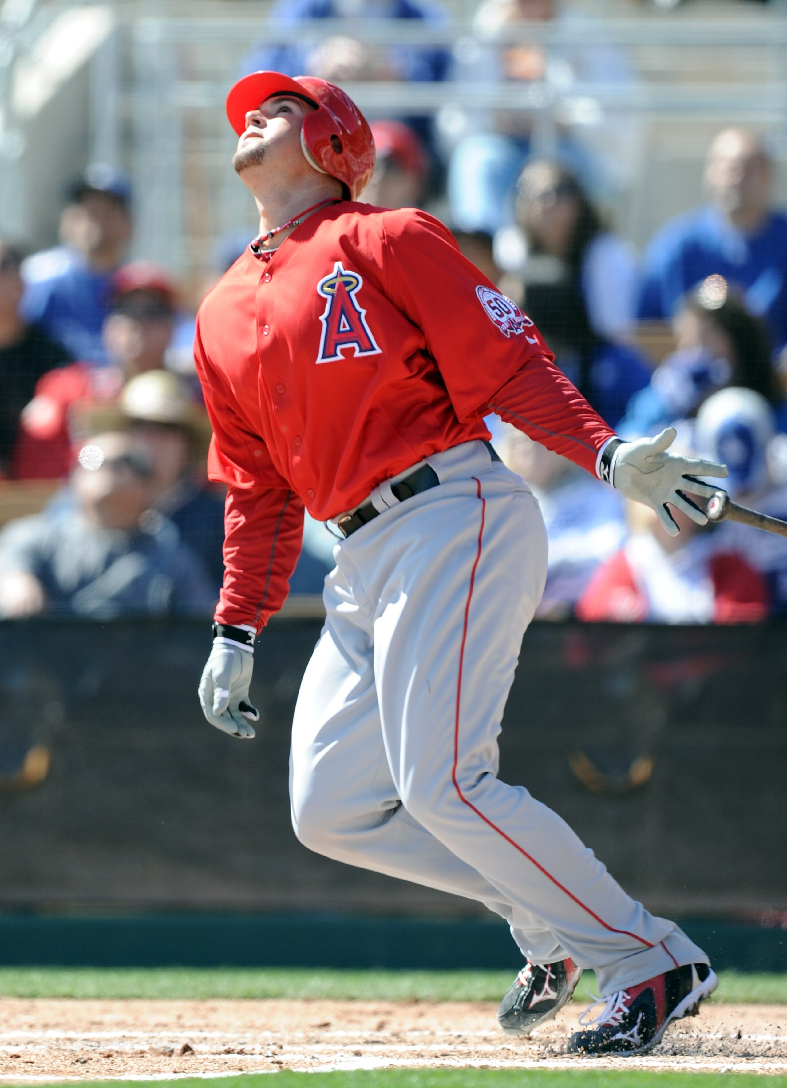 PHOENIX, AZ - FEBRUARY 27:  Bobby Wilson #46 of the Los Angeles Angels of Anaheim watches his pop fly Los Angeles Dodgers during spring training at Camelback Ranch on February 27, 2011 in Phoenix, Arizona.  (Photo by Harry How/Getty Images)