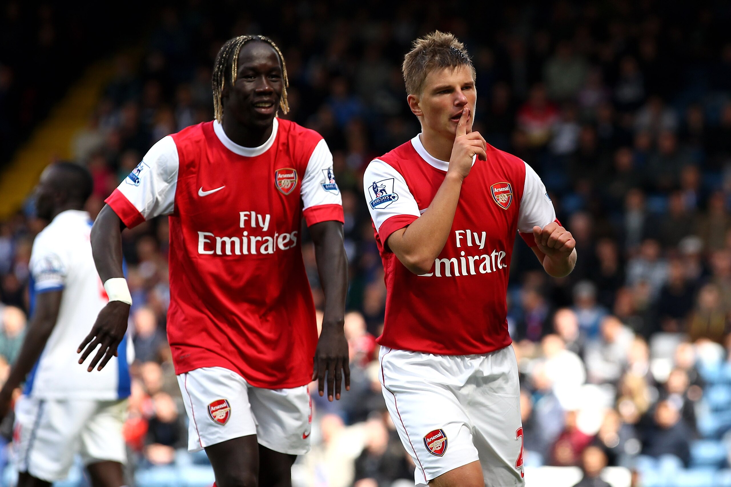 BLACKBURN, ENGLAND - AUGUST 28: Andrey Arshavin of Arsenal celebrates scoring his team's second goal with team mate Bacary Sagna (L) during the Barclays Premier League match between Blackburn Rovers and Arsenal at Ewood Park on August 28, 2010 in Blackbu BLACKBURN, ENGLAND - AUGUST 28: Andrey Arshavin of Arsenal celebrates scoring his team's second goal with team mate Bacary Sagna (L) during the Barclays Premier League match between Blackburn Rovers and Arsenal at Ewood Park on August 28, 2010 in Blackbu