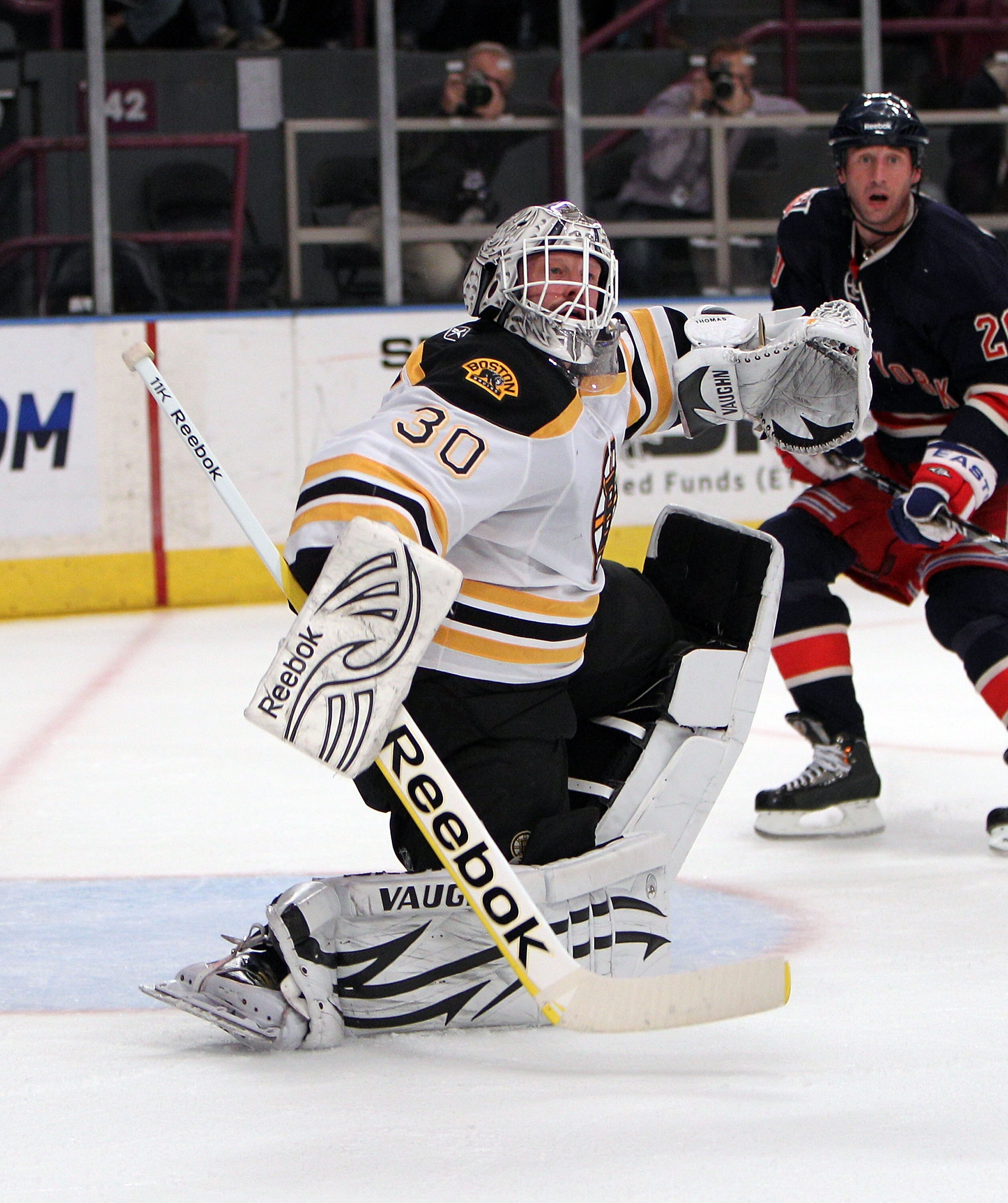 NEW YORK, NY - APRIL 04:  Tim Thomas #30 of the Boston Bruins tends net against the New York Rangers at Madison Square Garden on April 4, 2011 in New York City. The Rangers defeated the Bruins 5-3.  (Photo by Bruce Bennett/Getty Images)