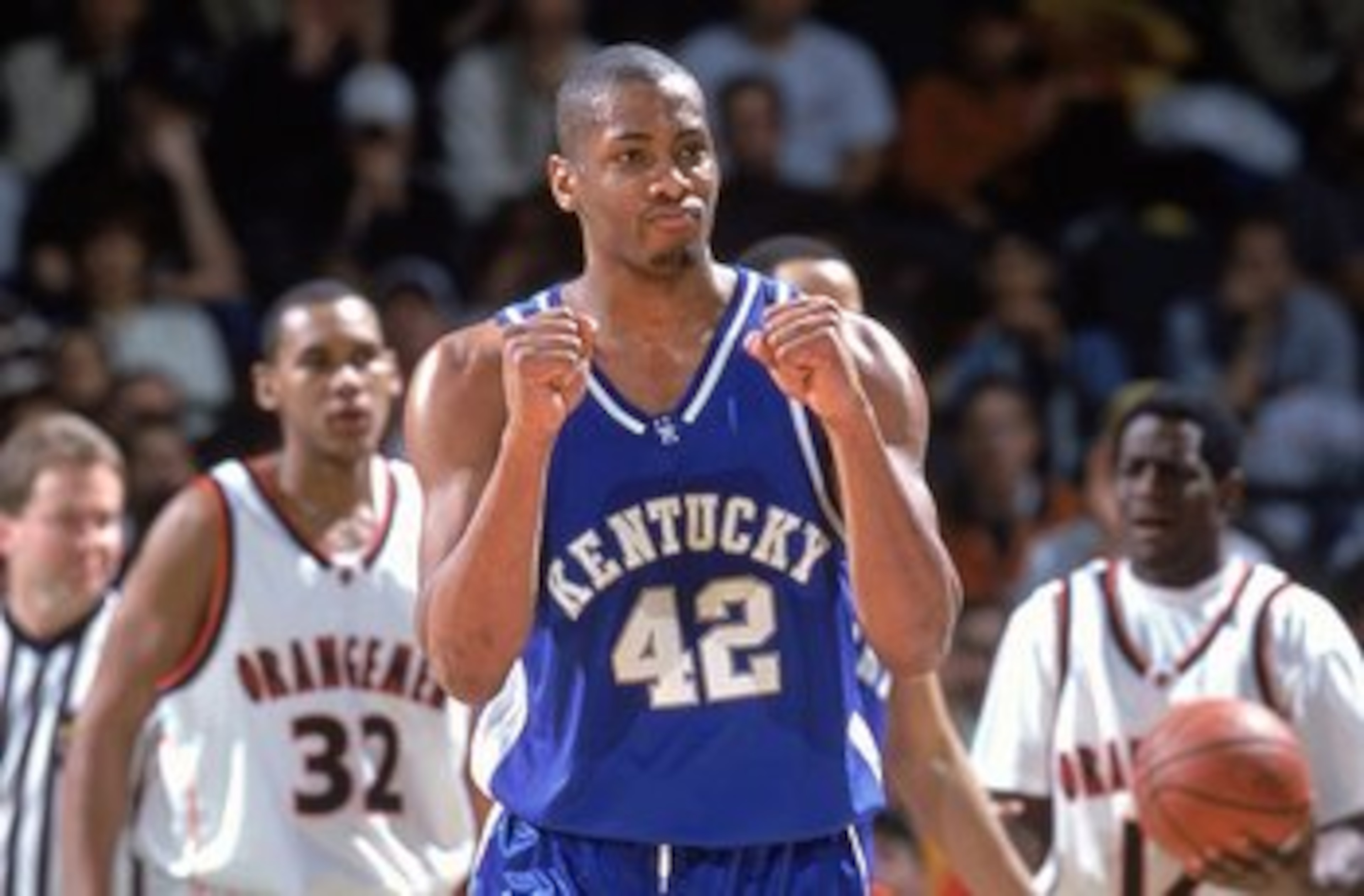 18 Mar 2000: Jamal Magloire #42 of the Kentucky Wildcats gets charged up as he walks on the court during the second round of the NCAA Tournament Game against the Syracuse Orangemen at the Cleveland State University Convocation Center in Cleveland, Ohio. T