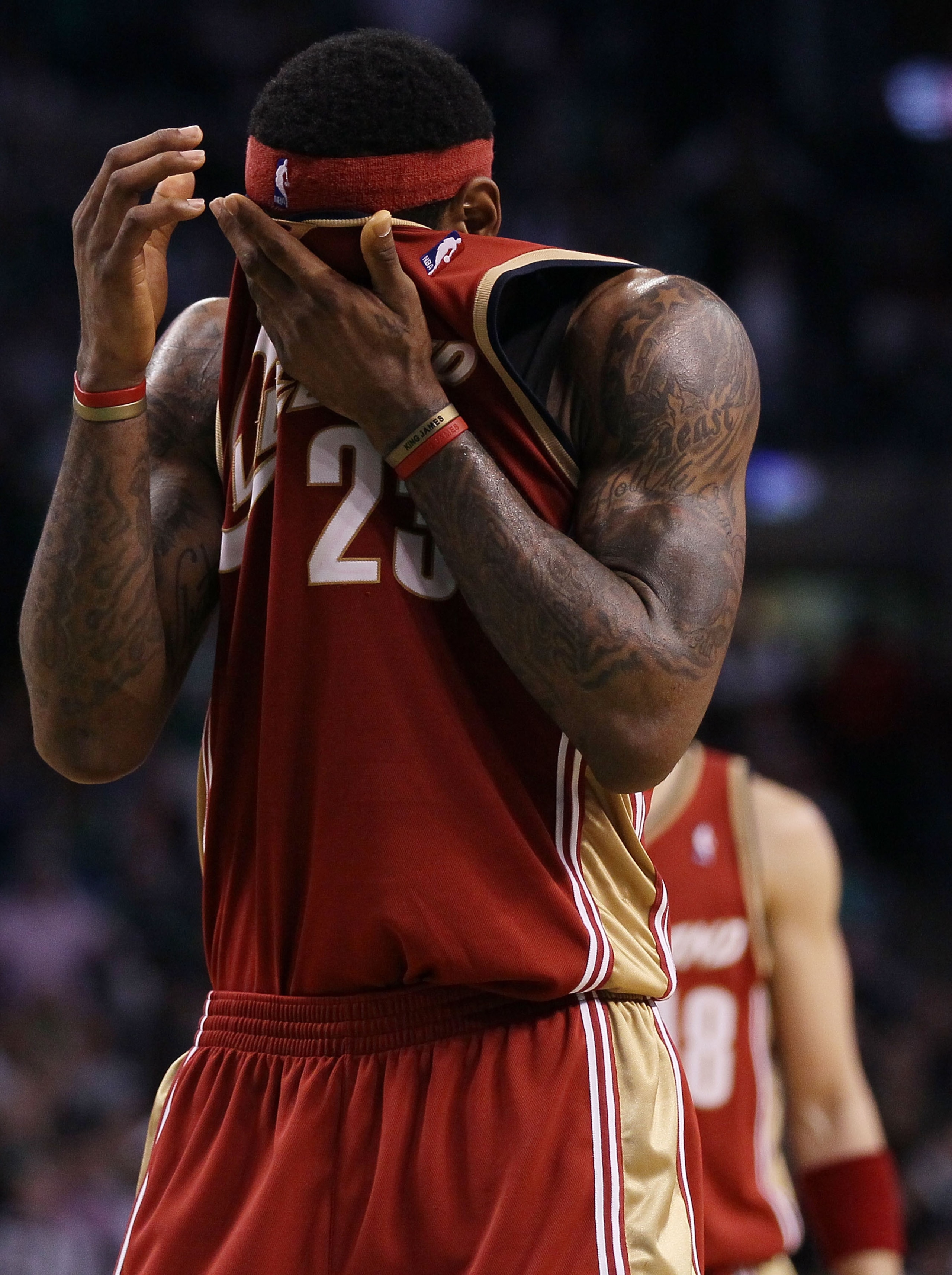 BOSTON - MAY 13:  LeBron James #23 of the Cleveland Cavaliers wipes the sweat from his face in the fourth quarter against the Boston Celtics during Game Six of the Eastern Conference Semifinals of the 2010 NBA playoffs at TD Garden on May 13, 2010 in Bost