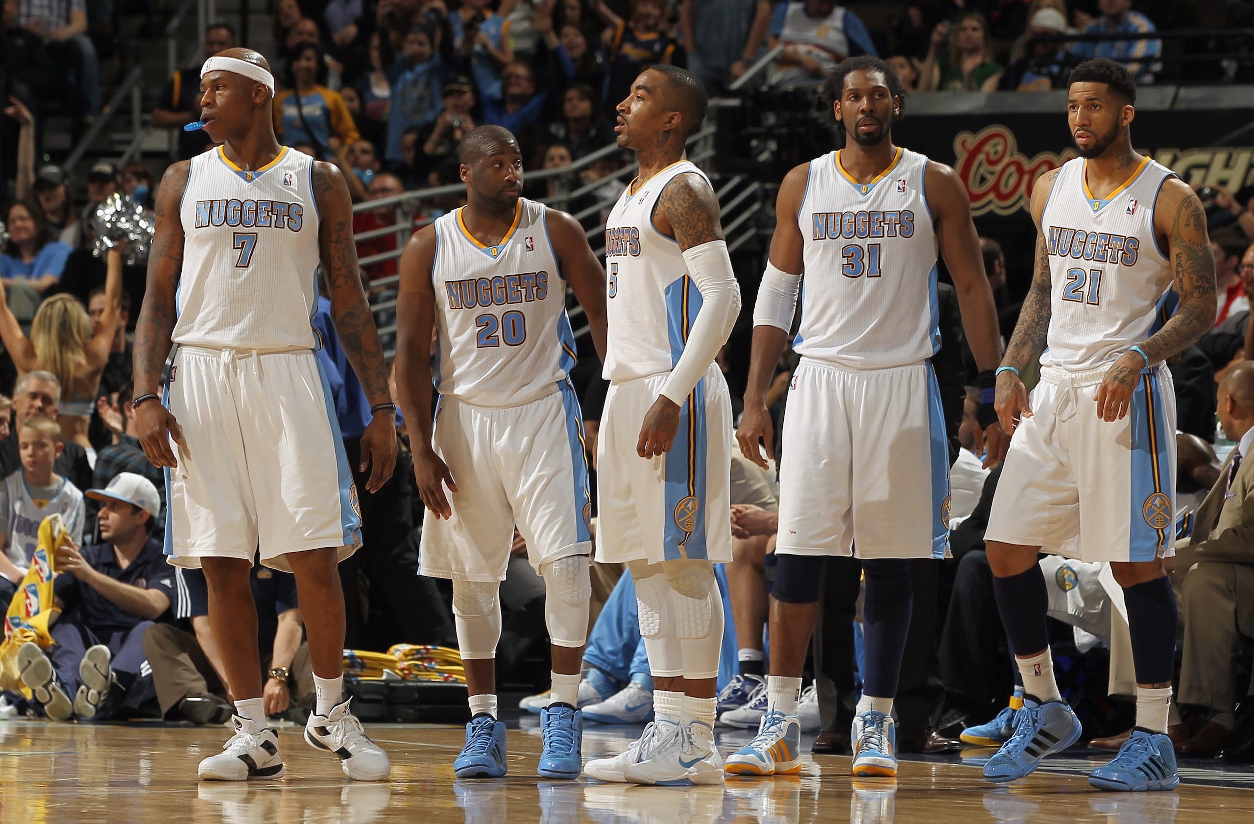 DENVER, CO - MARCH 23: (L-R) Al Harrington #7, Raymond Felton #20, J.R. Smith #5, Nene #31 and Wilson Chandler #21 of the Denver Nuggets head back to the court after a time out against the San Antonio Spurs at the Pepsi Center on March 23, 2011 in Denver DENVER, CO - MARCH 23: (L-R) Al Harrington #7, Raymond Felton #20, J.R. Smith #5, Nene #31 and Wilson Chandler #21 of the Denver Nuggets head back to the court after a time out against the San Antonio Spurs at the Pepsi Center on March 23, 2011 in Denver