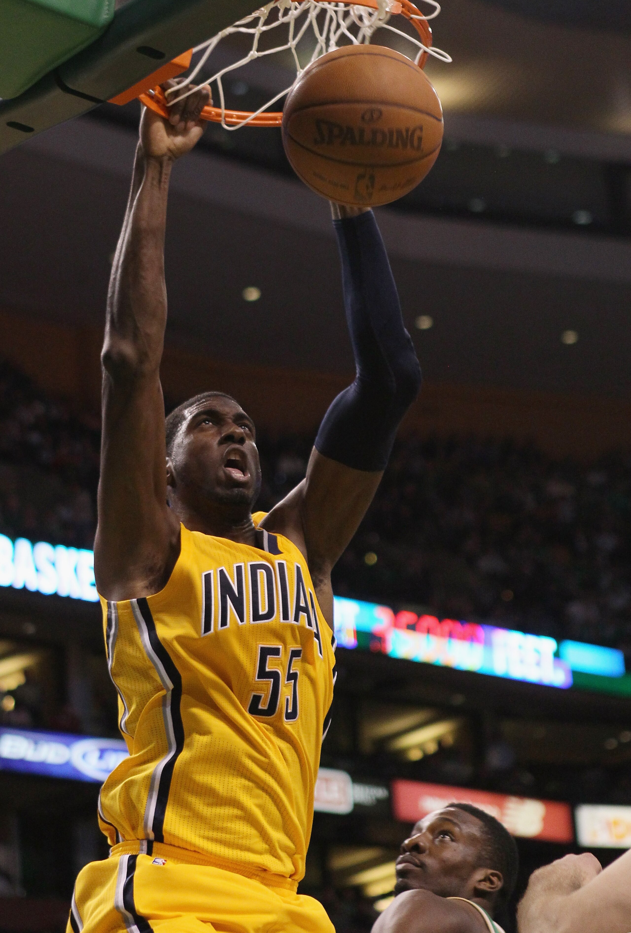 BOSTON, MA - MARCH 16: Roy Hibbert #55 of the Indiana Pacers dunks the ball over Jeff Green #8 of the Boston Celtics on March 16, 2011 at the TD Garden in Boston, Massachusetts. The Celtics defeated the Indiana Pacers 92-80. NOTE TO USER: User expressly BOSTON, MA - MARCH 16: Roy Hibbert #55 of the Indiana Pacers dunks the ball over Jeff Green #8 of the Boston Celtics on March 16, 2011 at the TD Garden in Boston, Massachusetts. The Celtics defeated the Indiana Pacers 92-80. NOTE TO USER: User expressly