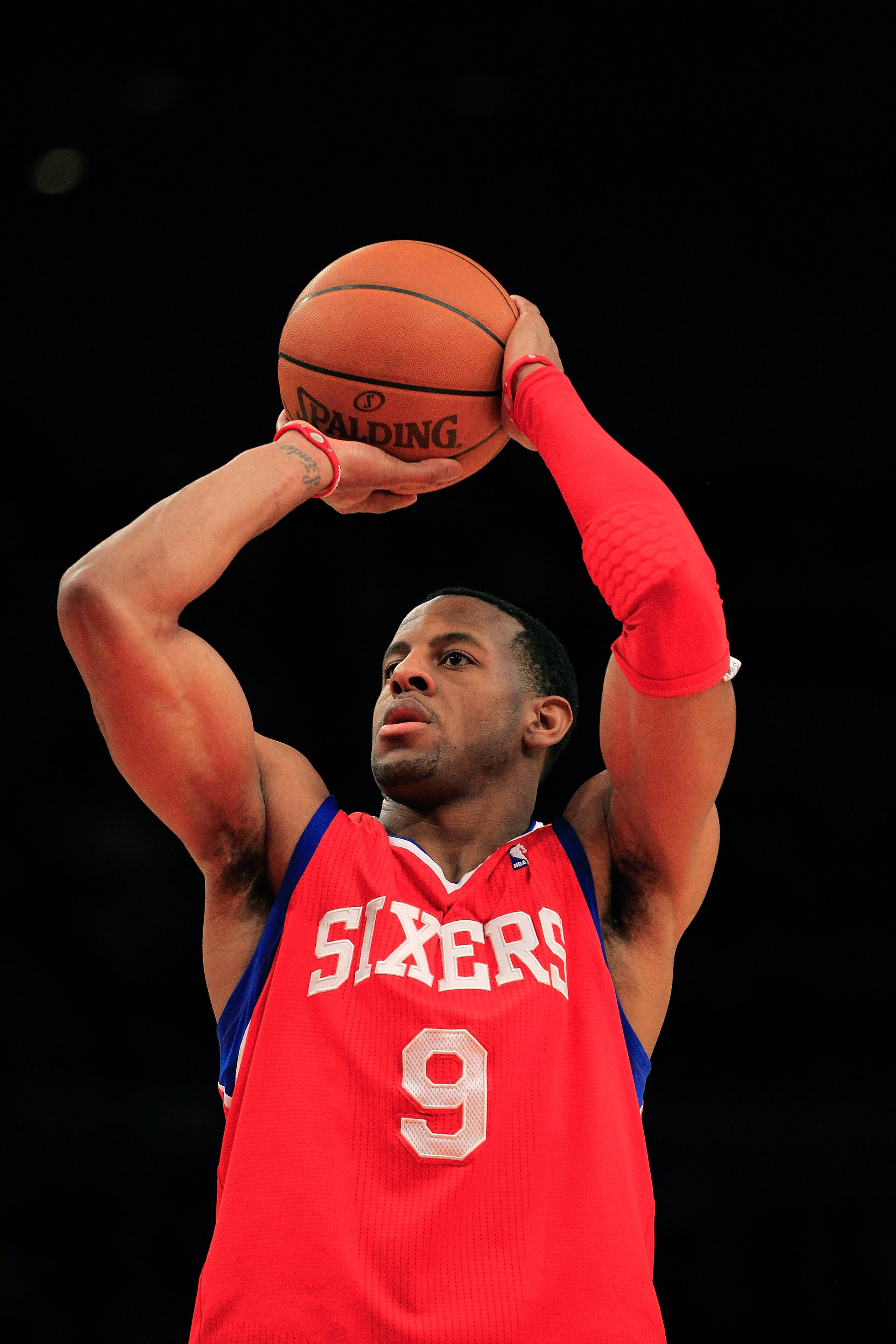 NEW YORK, NY - FEBRUARY 06: Andre Iguodala #9 of the Philadelphia 76ers shoots a free throw against the New York Knicks at Madison Square Garden on February 6, 2011 in New York City. NOTE TO USER: User expressly acknowledges and agrees that, by downloadi NEW YORK, NY - FEBRUARY 06: Andre Iguodala #9 of the Philadelphia 76ers shoots a free throw against the New York Knicks at Madison Square Garden on February 6, 2011 in New York City. NOTE TO USER: User expressly acknowledges and agrees that, by downloadi