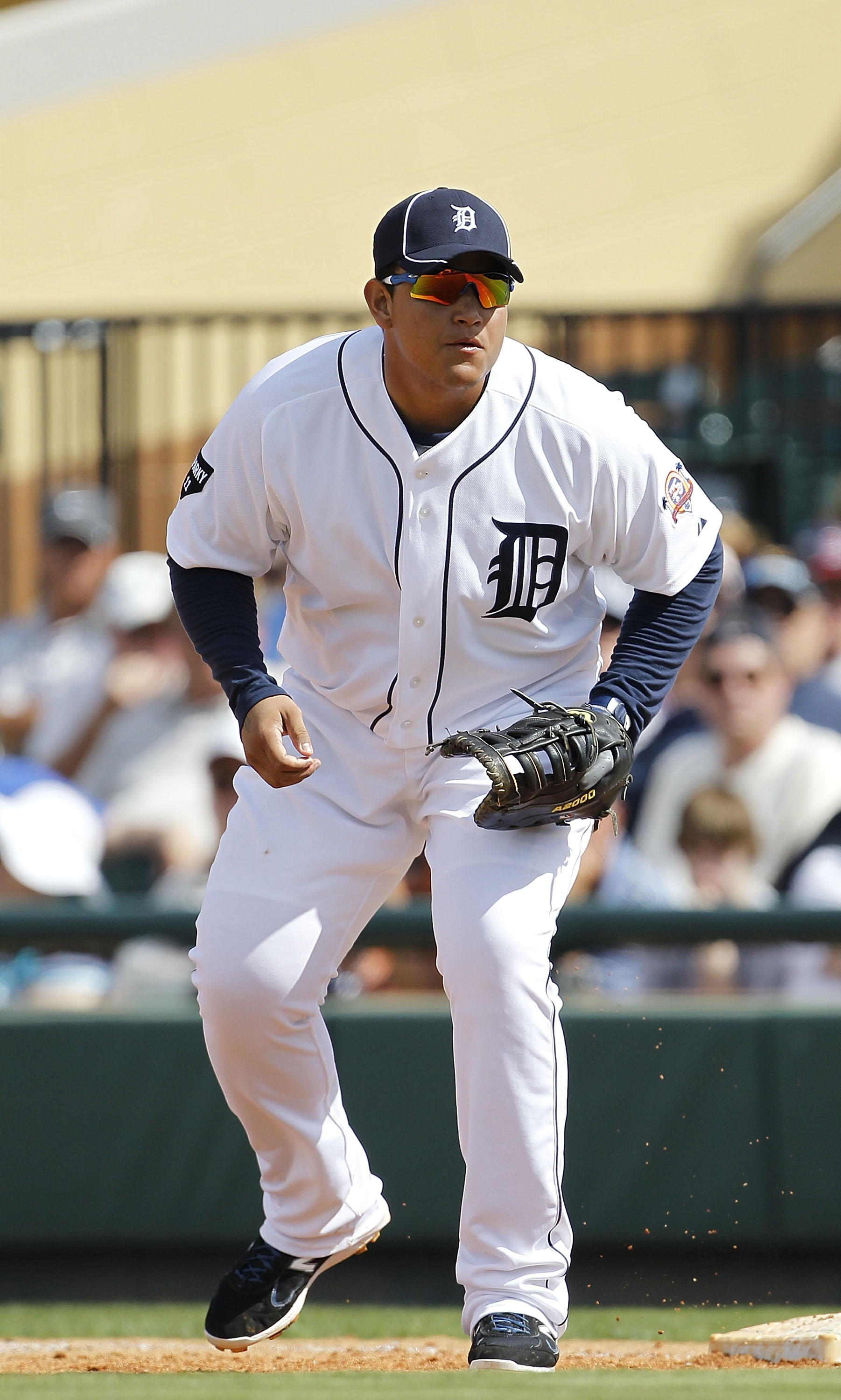 LAKELAND, FL - MARCH 02:  Miguel Cabrera #24 of the Detroit Tigers plays first base during the game against the Houston Astros at Joker Marchant Stadium on March 2, 2011 in Lakeland, Florida. The Astros defeated the Tigers 6-3.  (Photo by Leon Halip/Getty