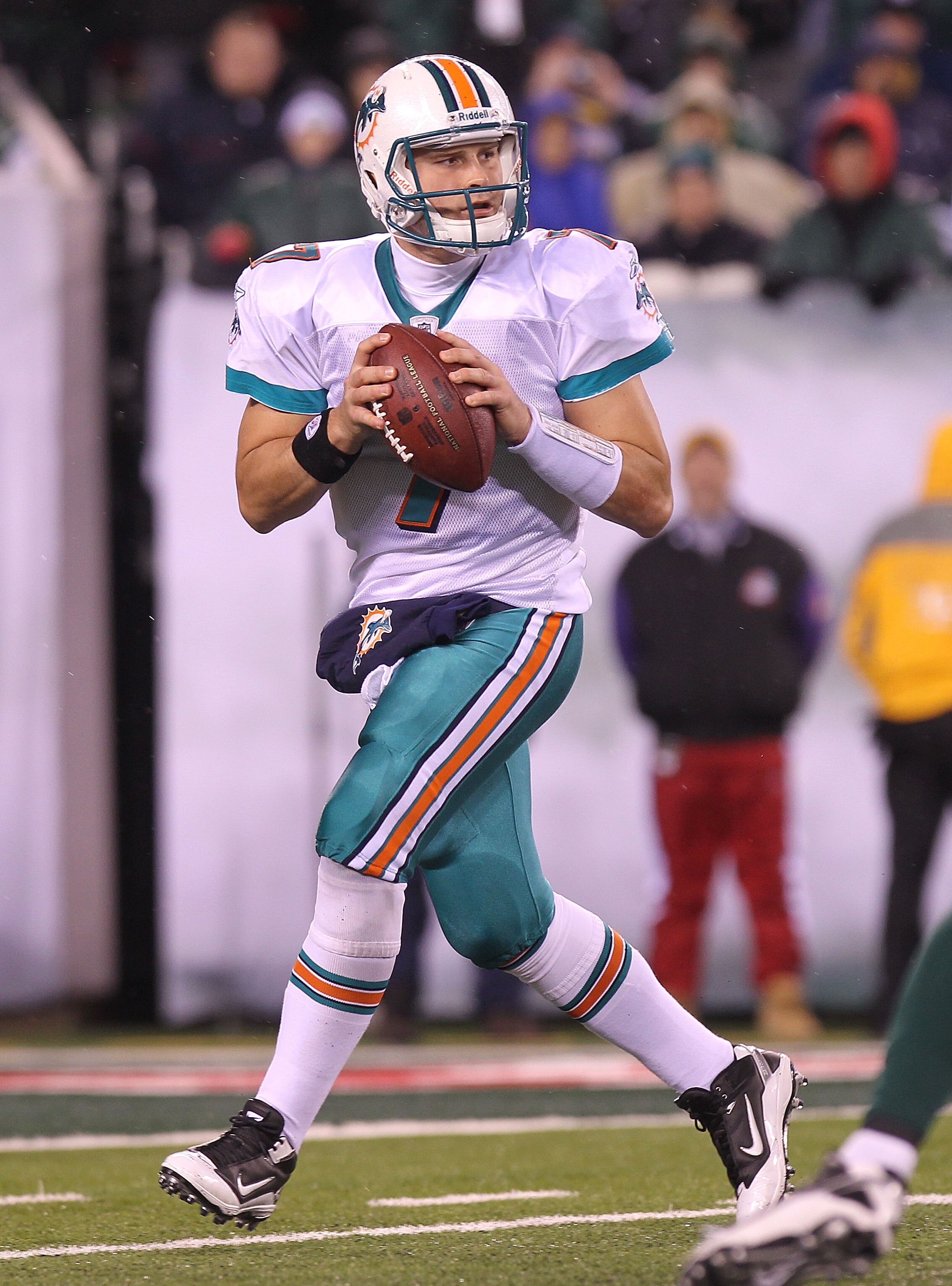 EAST RUTHERFORD, NJ - DECEMBER 12:  Chad Henne #7 of the Miami Dolphins against the New York Jets at New Meadowlands Stadium on December 12, 2010 in East Rutherford, New Jersey.  (Photo by Nick Laham/Getty Images)