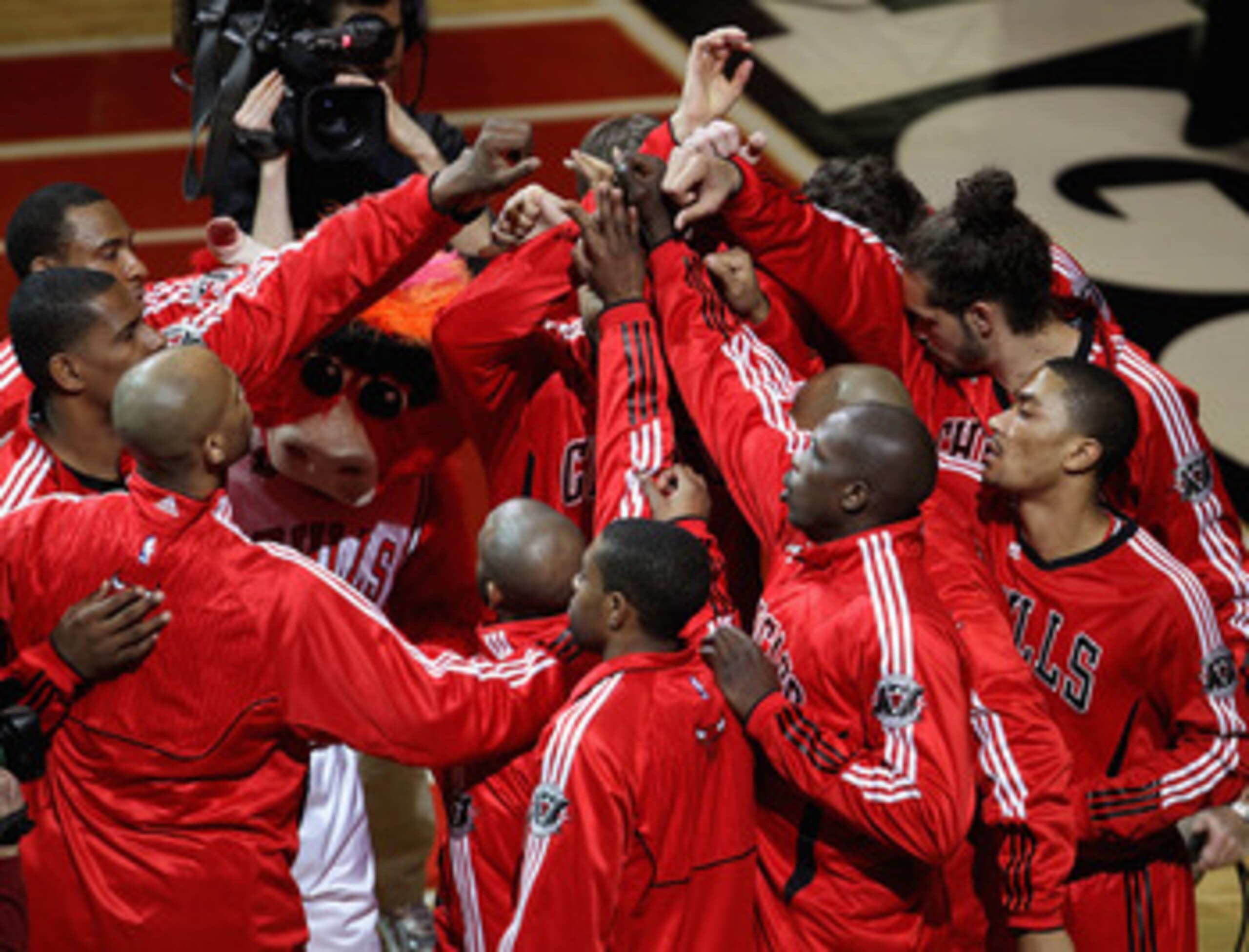 CHICAGO, IL - APRIL 13: The Chicago Bulls huddle before a game against the New Jersey Nets at the United Center on April 13, 2011 in Chicago, Illinois. The Bulls defeated the Nets 97-92. NOTE TO USER: User expressly acknowledges and agress that, by downlo