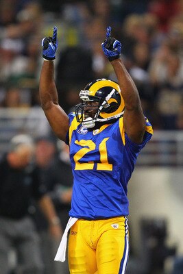ST. LOUIS - OCTOBER 31: Oshiomogho Atogwe #21 of the St. Louis Rams celebrates a sack against the Carolina Panthers at the Edward Jones Dome on October 31, 2010 in St. Louis, Missouri.  The Rams beat the Panthers 20-10.  (Photo by Dilip Vishwanat/Getty Im