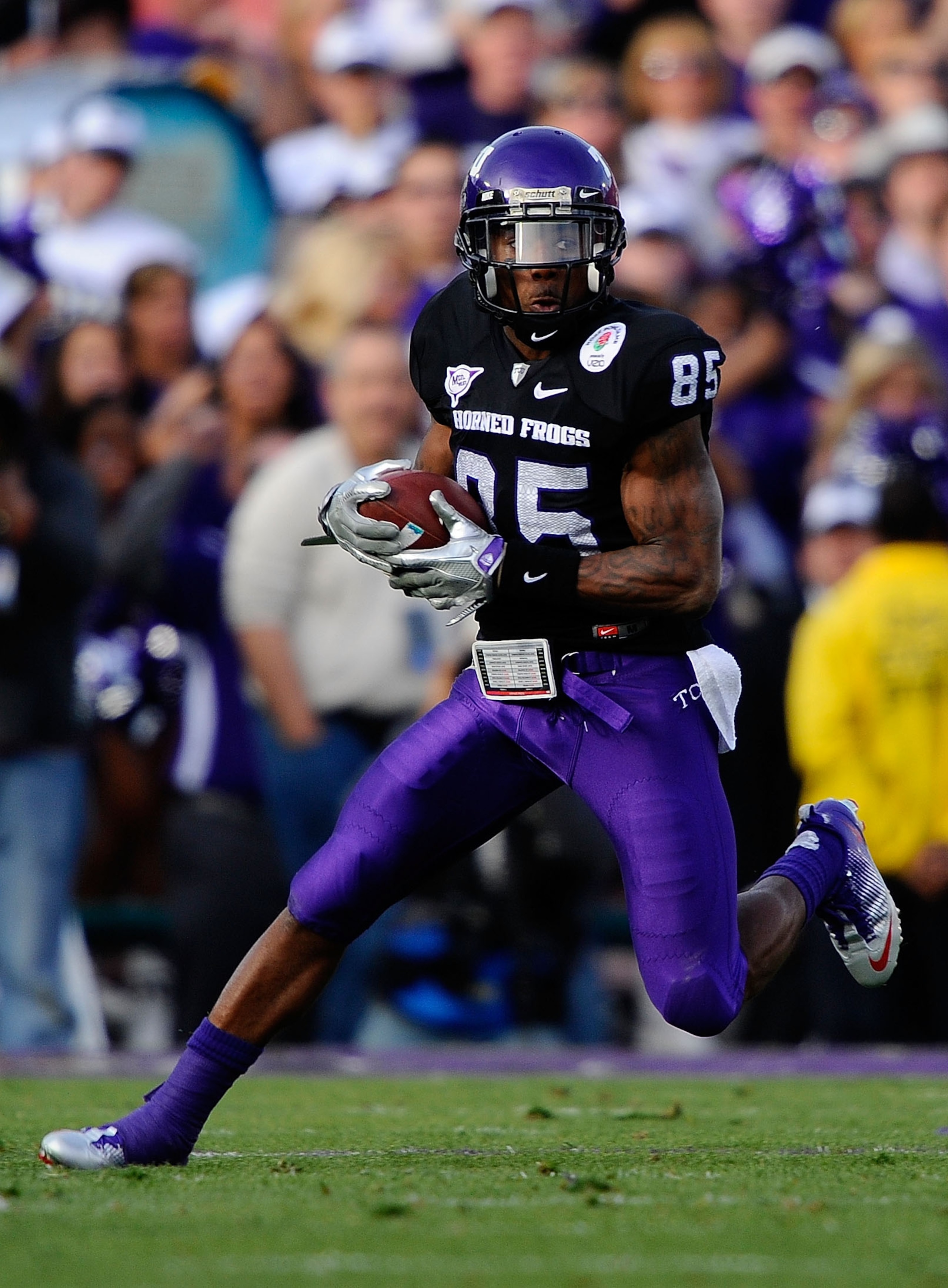PASADENA, CA - JANUARY 01: Wide receiver Jeremy Kerley #85 of the TCU Horned Frogs runs with the ball against the Wisconsin Badgers in the 97th Rose Bowl game on January 1, 2011 in Pasadena, California. (Photo by Kevork Djansezian/Getty Images) PASADENA, CA - JANUARY 01: Wide receiver Jeremy Kerley #85 of the TCU Horned Frogs runs with the ball against the Wisconsin Badgers in the 97th Rose Bowl game on January 1, 2011 in Pasadena, California. (Photo by Kevork Djansezian/Getty Images)