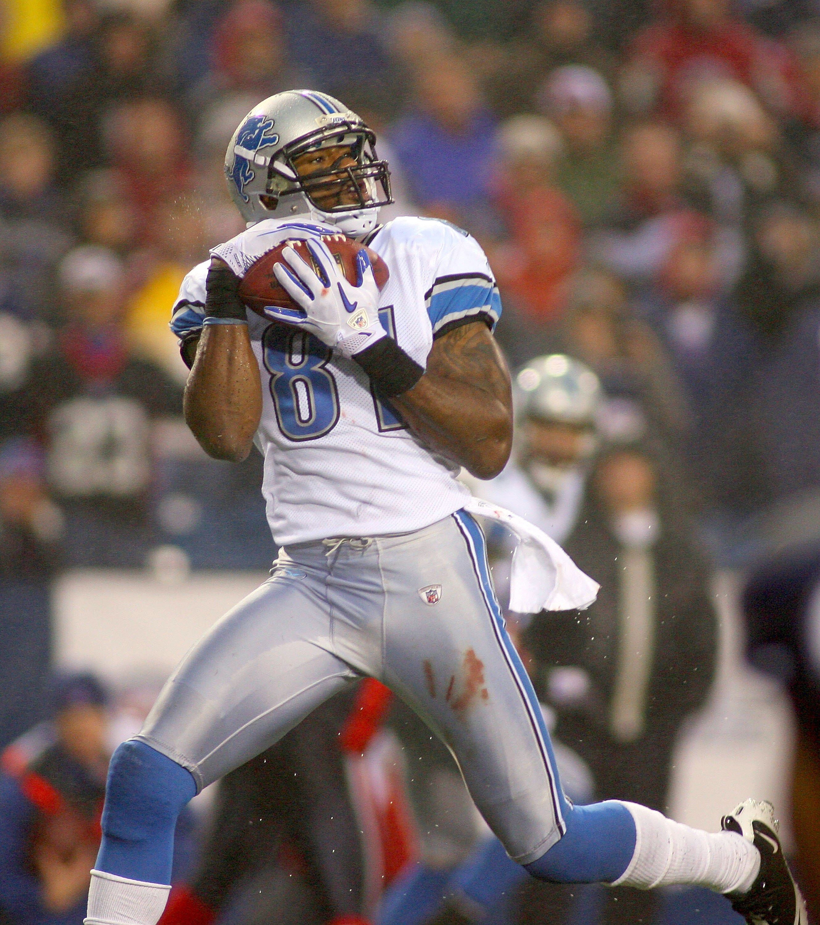 ORCHARD PARK, NY - NOVEMBER 14: Calvin Johnson #81 of the Detroit Lions catches a touchdown pass in the last minute of the game against the Buffalo Bills  at Ralph Wilson Stadium on November 14, 2010 in Orchard Park, New York. Buffalo won 14-12. (Photo by