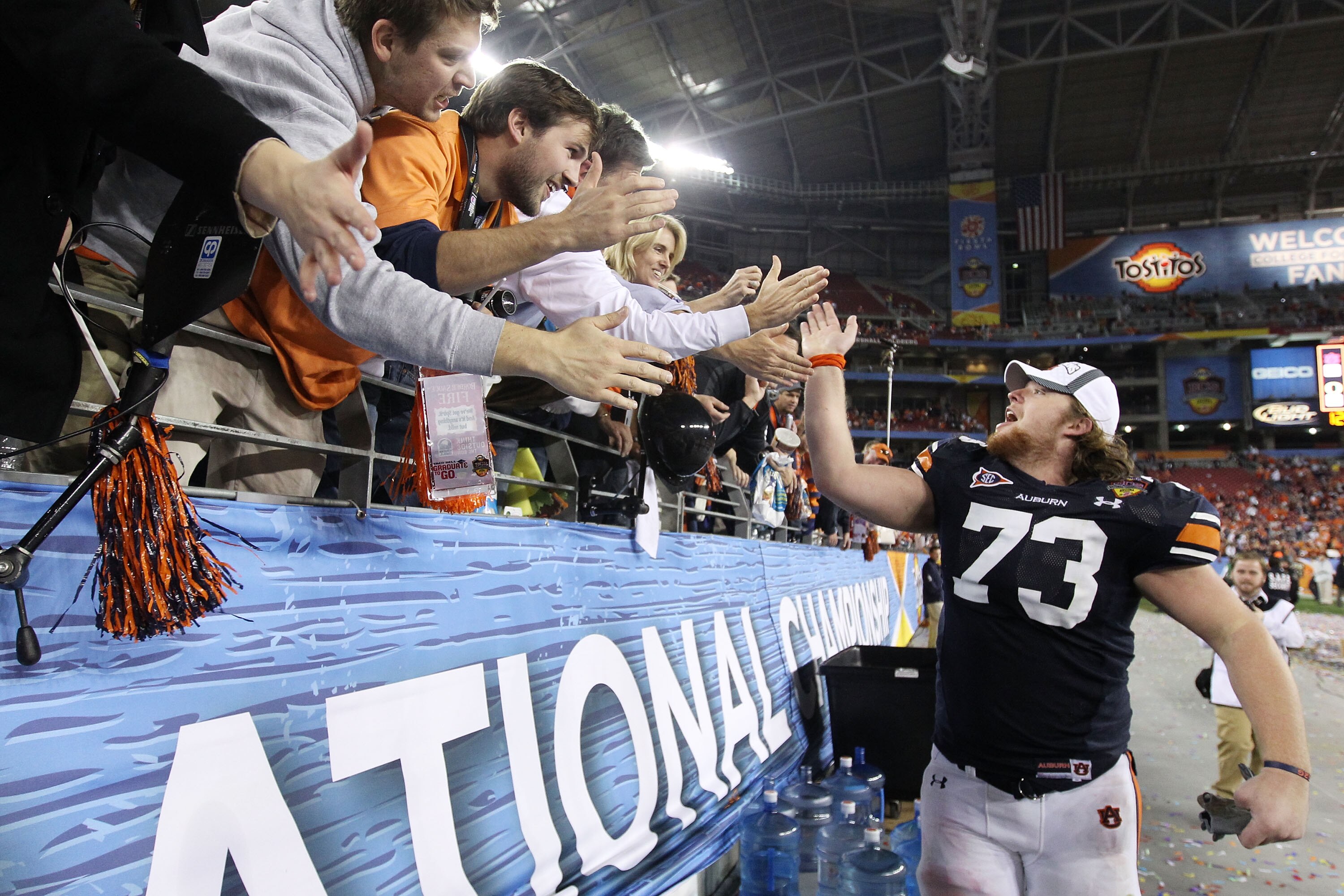 GLENDALE, AZ - JANUARY 10:  Lee Ziemba #73 of the Auburn Tigers celebrates their 22-19 victory after defeating the Oregon Ducks in the Tostitos BCS National Championship Game at University of Phoenix Stadium on January 10, 2011 in Glendale, Arizona.  (Pho