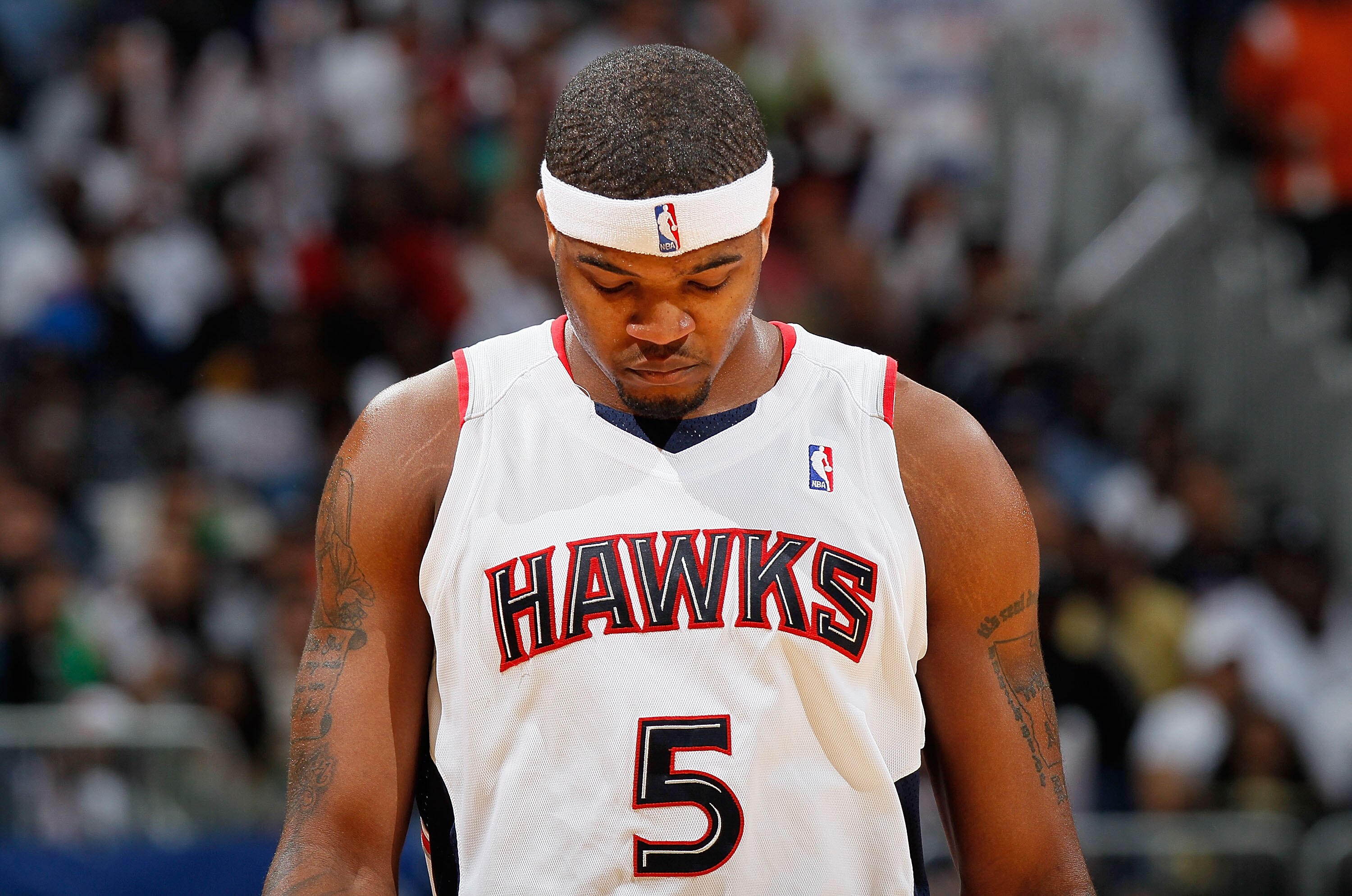 ATLANTA - MAY 10:  Josh Smith #5 of the Atlanta Hawks reacts during Game Four of the Eastern Conference Semifinals of the 2010 NBA Playoffs against the Orlando Magic at Philips Arena on May 10, 2010 in Atlanta, Georgia.  NOTE TO USER: User expressly ackno