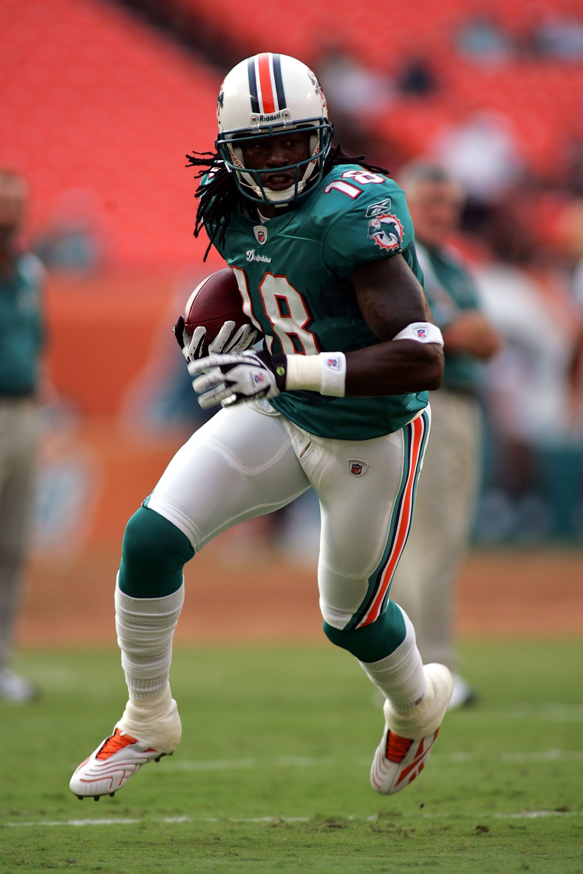 MIAMI - AUGUST 09:  Wide receiver Ernest Wilford #18 of the Miami Dolphins warms up prior to a pre season game against the Tampa Bay Buccaneers on August 9, 2008 at Dolphin Stadium in Miami, Florida. Tampa defeated Miami 17-6.  (Photo by Marc Serota/Getty