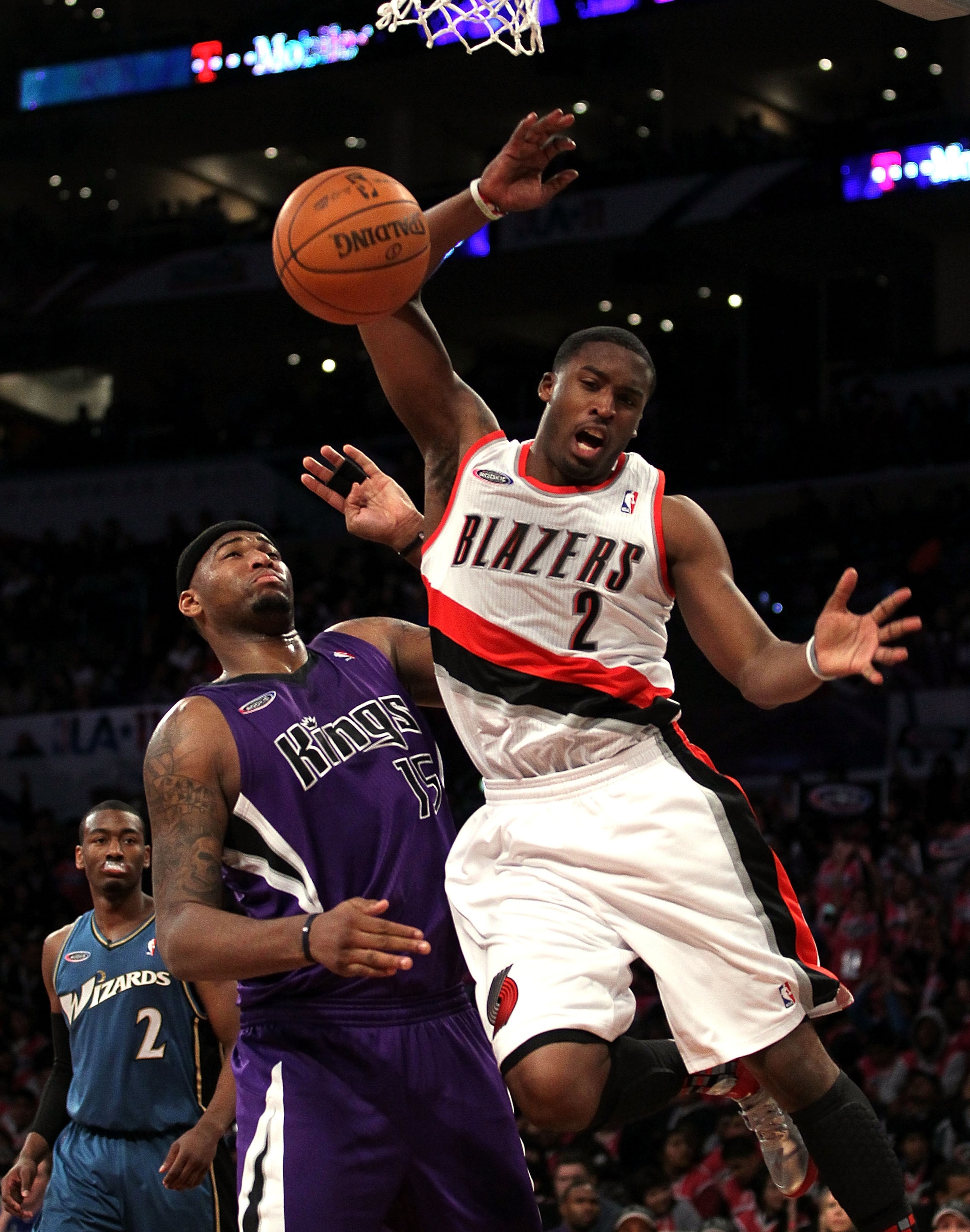 LOS ANGELES, CA - FEBRUARY 18:  Wesley Matthews #2 of the Portland Trailblazers and the Sophomore Team goes up for a shot against DeMarcus Cousins #15 of the Sacramento Kings and the Rookie Team in the second half during the T-Mobile Rookie Challenge and