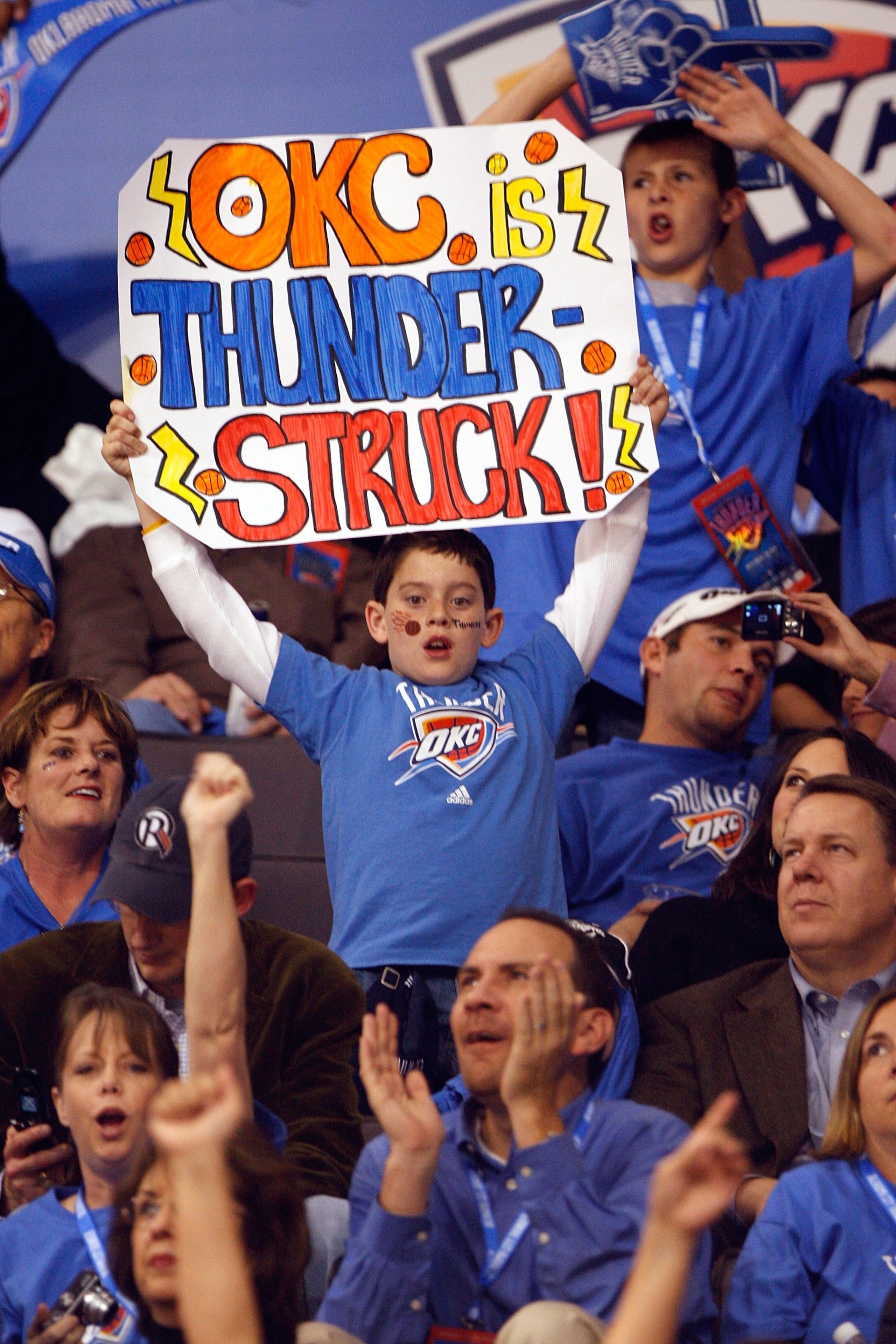 OKLAHOMA CITY - OCTOBER 29: Fans cheer during the game between the Okalhoma City Thunder and the Milwaukee Bucks at the Ford Center on October 29, 2008 in Oklahoma City, Oklahoma. The Bucks won 98-87. The Bucks won 98-87. NOTE TO USER: User expressly OKLAHOMA CITY - OCTOBER 29: Fans cheer during the game between the Okalhoma City Thunder and the Milwaukee Bucks at the Ford Center on October 29, 2008 in Oklahoma City, Oklahoma. The Bucks won 98-87. The Bucks won 98-87. NOTE TO USER: User expressly