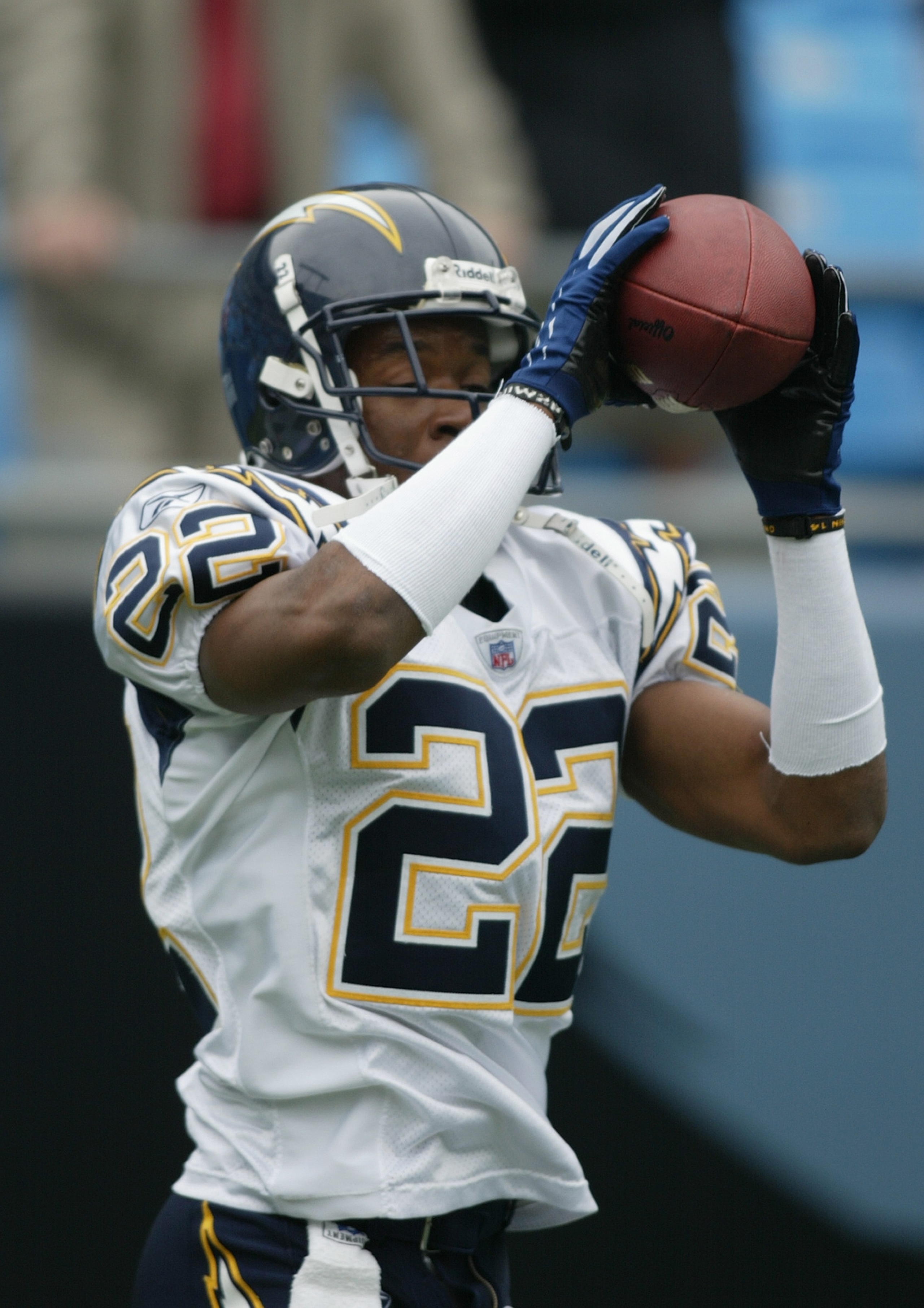 CHARLOTTE, NC - OCTOBER 24:  Sammy Davis #22 of the San Diego Chargers makes a catch during warm up against the Carolina Panthers on October 24, 2004 at Bank of America Stadium in Charlotte, North Carolina. The Chargers defeated the Panthers 17-6. (Photo
