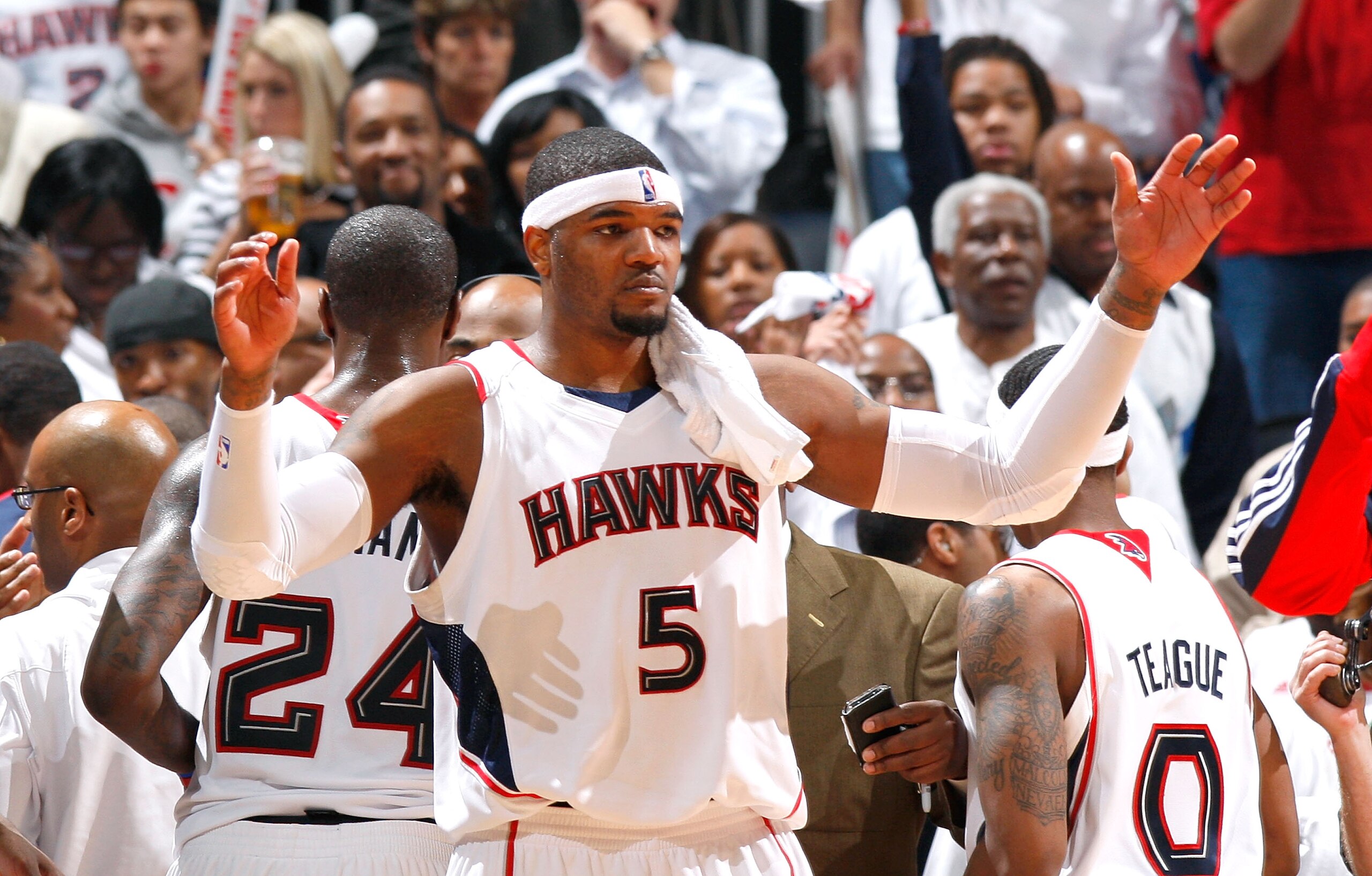 ATLANTA - APRIL 20:  Josh Smith #5 of the Atlanta Hawks celebrates after their 96-86 win over the Milwaukee Bucks at Philips Arena on April 20, 2010 in Atlanta, Georgia.  NOTE TO USER: User expressly acknowledges and agrees that, by downloading and/or usi