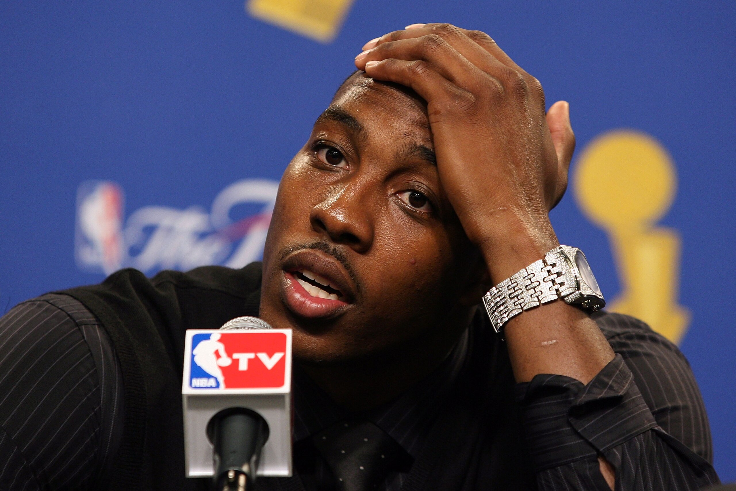 LOS ANGELES, CA - JUNE 07:  Dwight Howard of the Orlando Magic answers questions during the post game news conference after losing to the Los Angeles Lakers 101-96 in Game Two of the 2009 NBA Finals at Staples Center on June 7, 2009 in Los Angeles, Califo