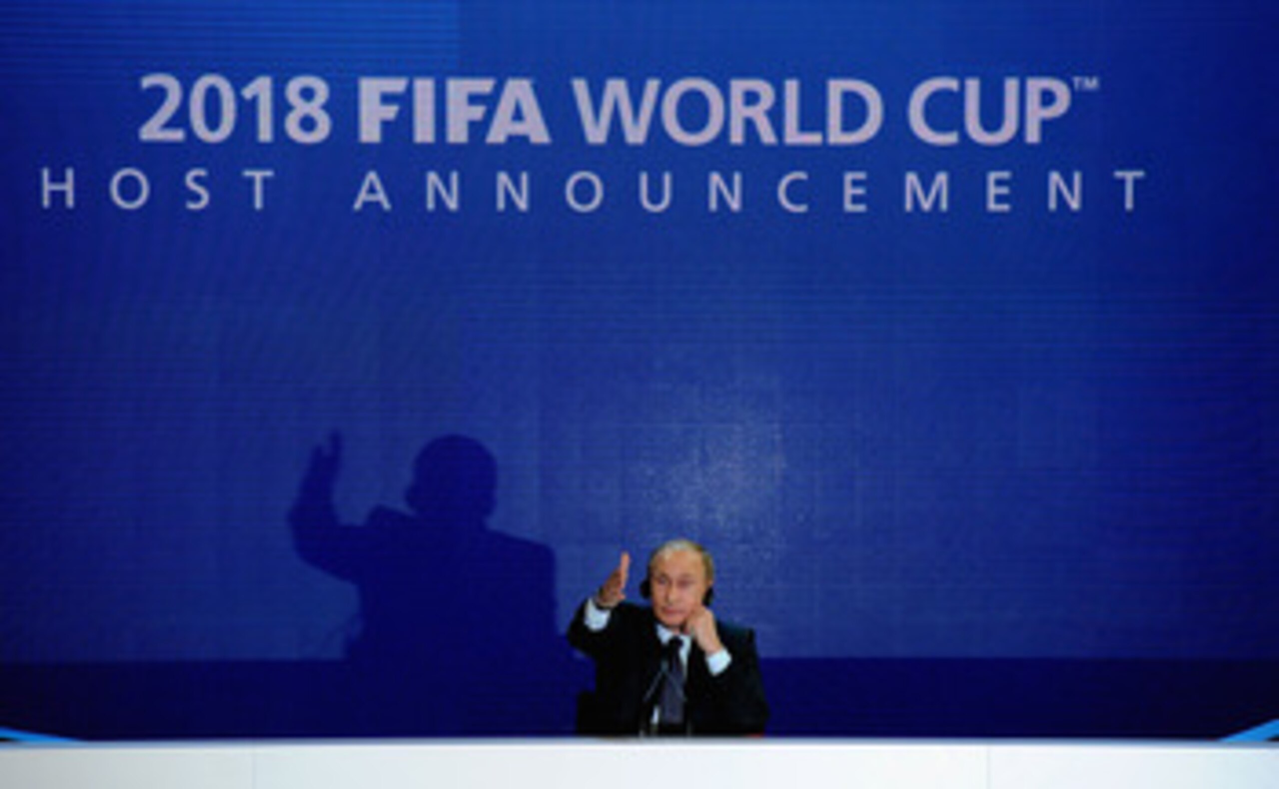ZURICH, SWITZERLAND - DECEMBER 02: Prime Minister of the Russian Federation Vladimir Putin speaks to the media after winning the 2018 bid duirng the FIFA World Cup 2018 & 2022 Host Countries Announcement at the Messe Conference Centre on December 2, 2010 ZURICH, SWITZERLAND - DECEMBER 02: Prime Minister of the Russian Federation Vladimir Putin speaks to the media after winning the 2018 bid duirng the FIFA World Cup 2018 & 2022 Host Countries Announcement at the Messe Conference Centre on December 2, 2010