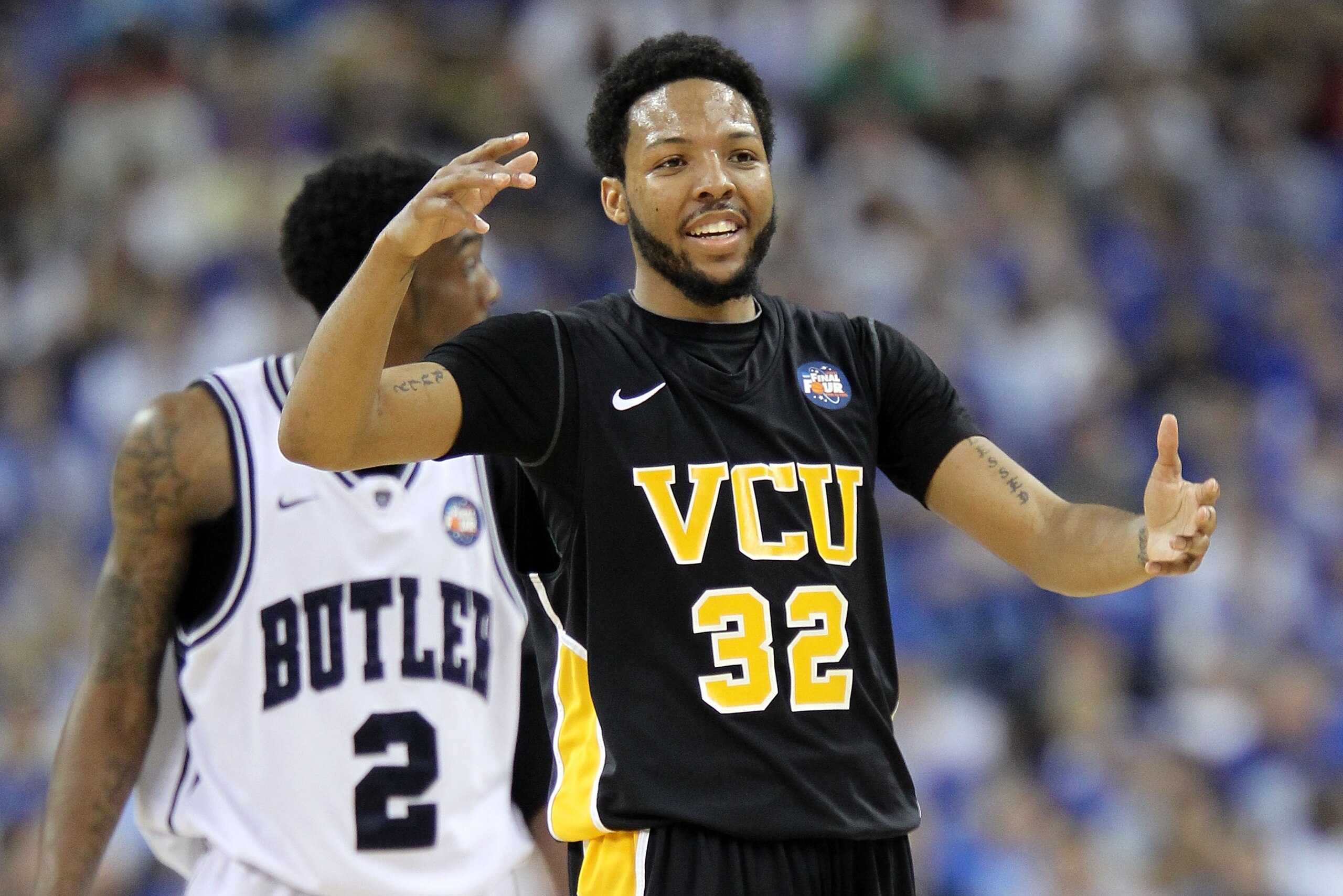 HOUSTON, TX - APRIL 02:  Brandon Rozzell #32 of the Virginia Commonwealth Rams reacts after a play against the Butler Bulldogs during the National Semifinal game of the 2011 NCAA Division I Men's Basketball Championship at Reliant Stadium on April 2, 2011