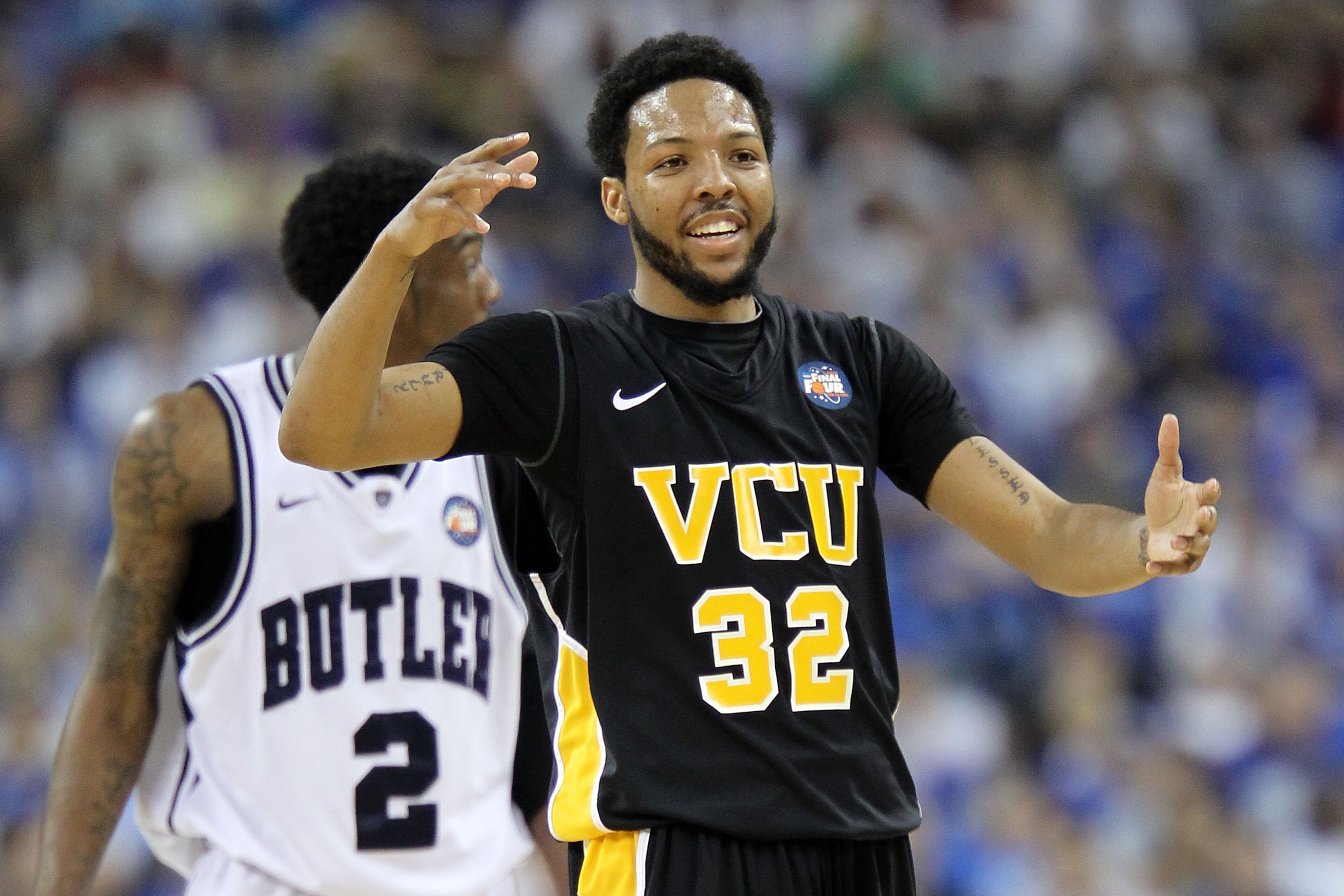 HOUSTON, TX - APRIL 02: Brandon Rozzell #32 of the Virginia Commonwealth Rams reacts after a play against the Butler Bulldogs during the National Semifinal game of the 2011 NCAA Division I Men's Basketball Championship at Reliant Stadium on April 2, 2011 HOUSTON, TX - APRIL 02: Brandon Rozzell #32 of the Virginia Commonwealth Rams reacts after a play against the Butler Bulldogs during the National Semifinal game of the 2011 NCAA Division I Men's Basketball Championship at Reliant Stadium on April 2, 2011