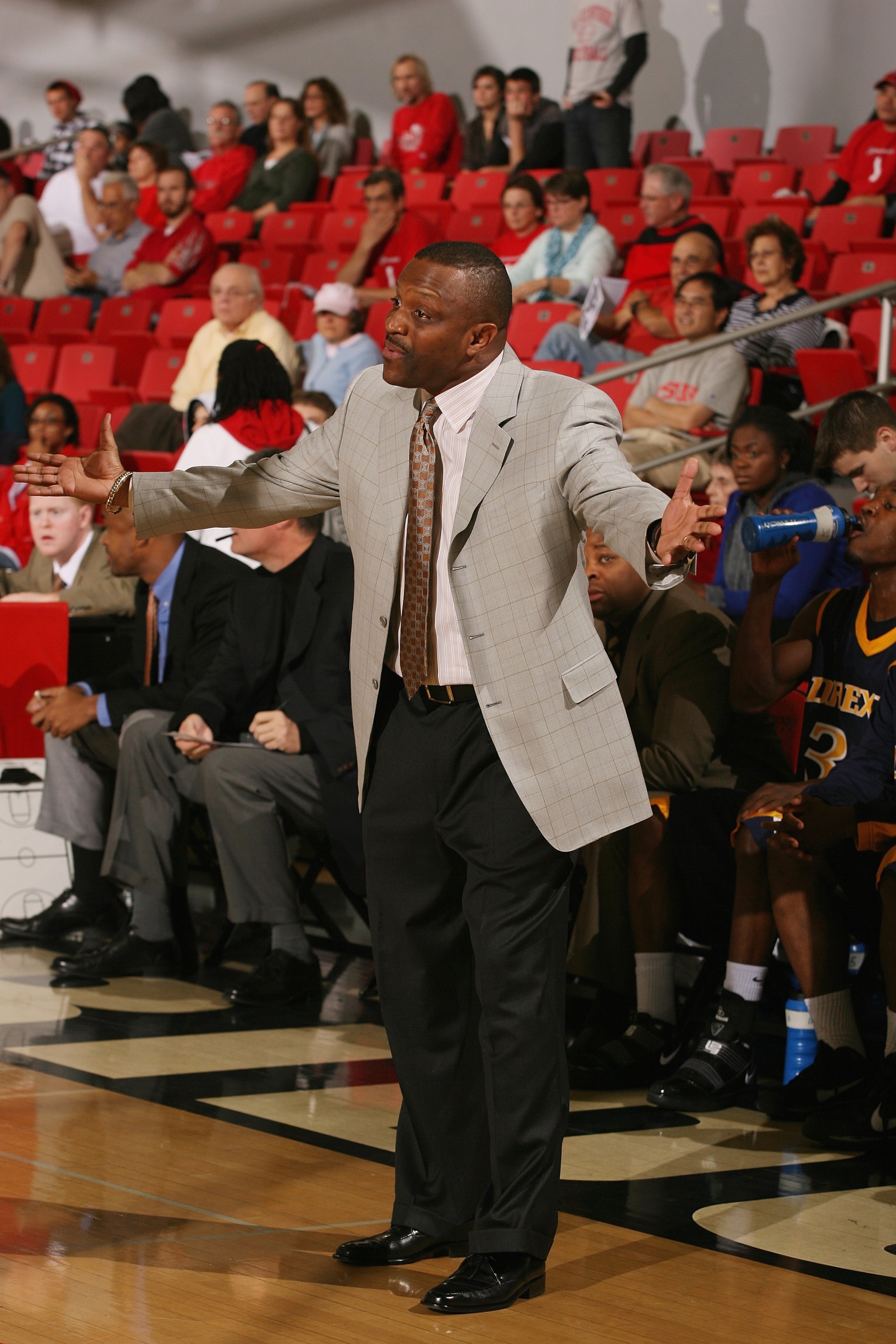 NORTHRIDGE, CA - DECEMBER 18:  Head coach James 'Bruiser' Flint of the Drexel Dragons stands on the court during the game against the Cal State Northridge Matadors on December 18, 2009 at the Matadome in Northridge, California.  (Photo by Jeff Golden/Gett