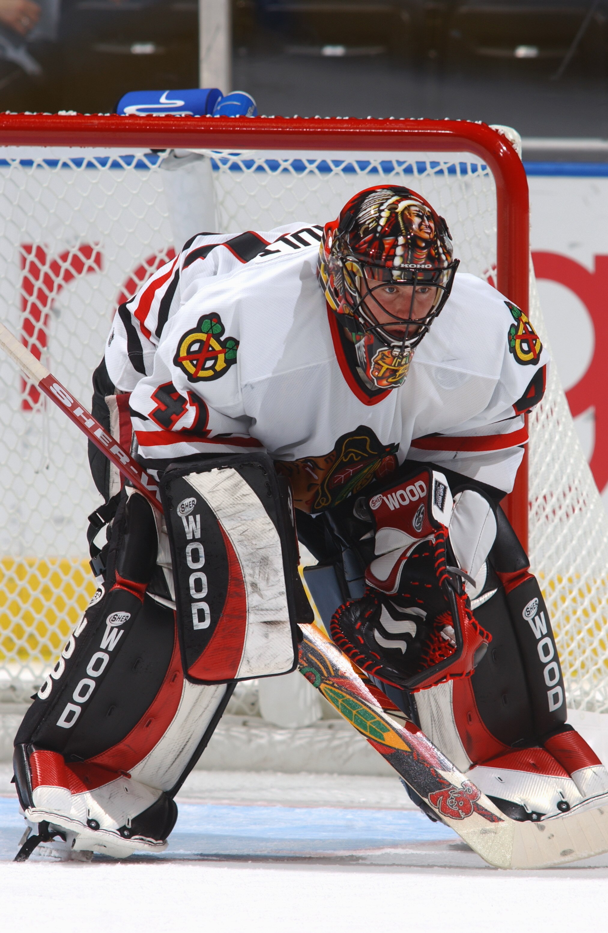 ATLANTA - OCTOBER 18:  Goalie Jocelyn Thibault #41 of the Chicago Blackhawks protects the net during the game against the Atlanta Thrashers at Philips Arena on October 18, 2003 in Atlanta, Georgia.  The Thrashers defeated the Blackhawks 7-2.  (Photo by Sc