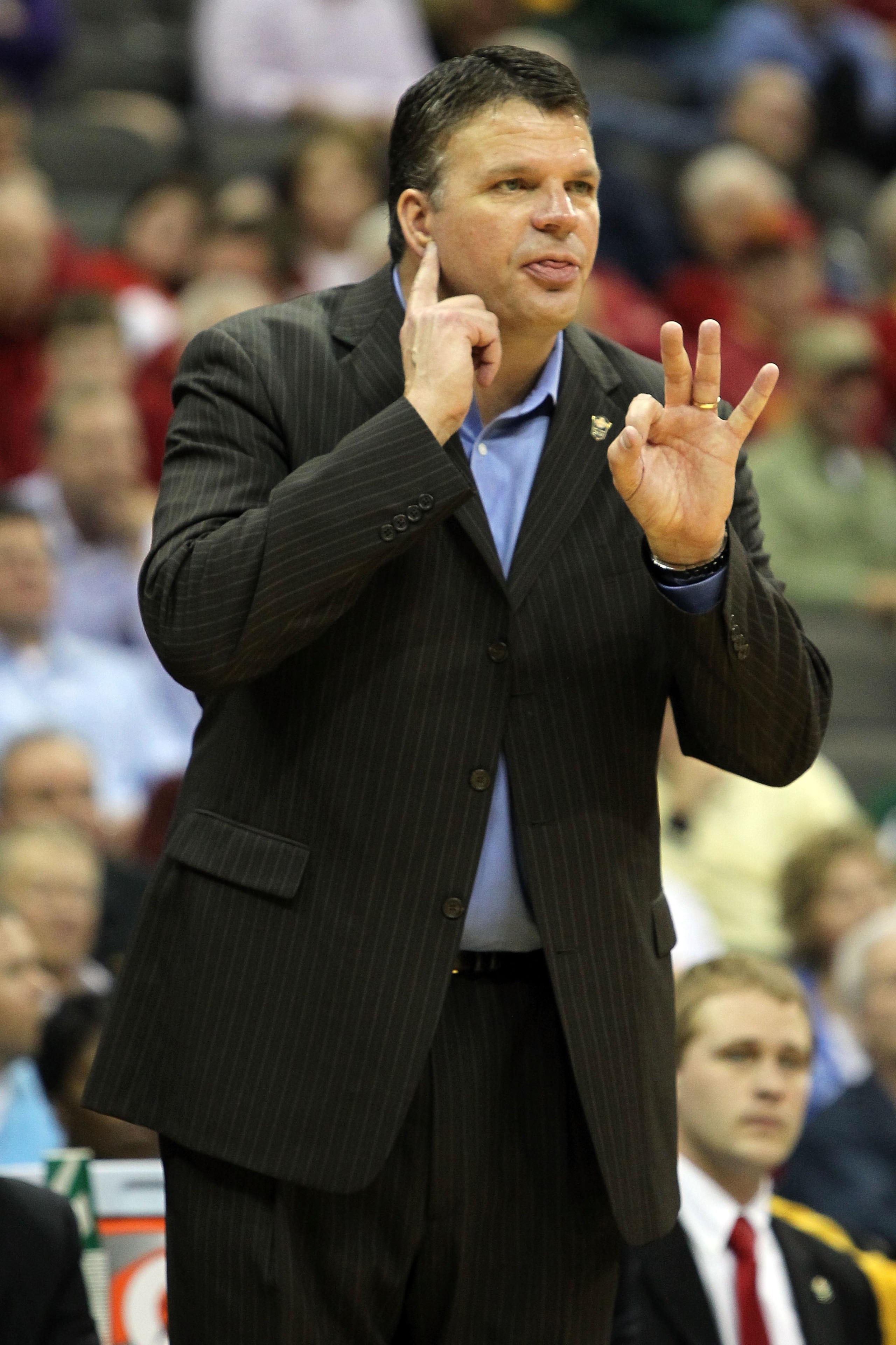 KANSAS CITY, MO - MARCH 10:  Head coach Greg McDermott of the Iowa State Cyclones reacts against the Texas Longhorns during the first round game of the 2010 Phillips 66 Big 12 Men's Basketball Tournament at the Sprint Center on March 10, 2010 in Kansas Ci