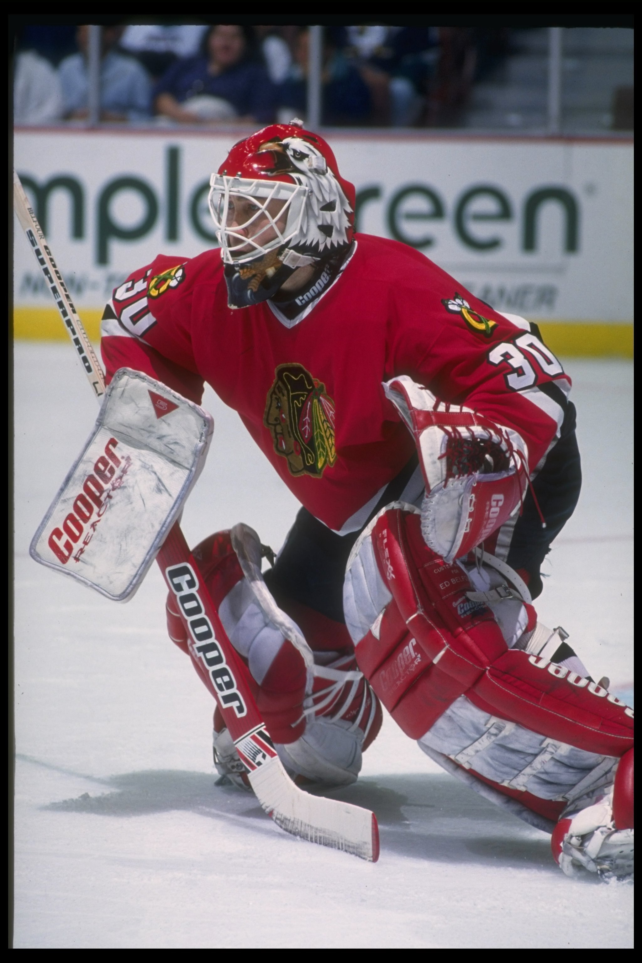 11 Mar 1994:  Goaltender Ed Belfour of the Chicago Blackhawks looks on during a game against the Anaheim Mighty Ducks at Arrowhead Pond in Anaheim, California. Mandatory Credit: J.D. Cuban  /Allsport