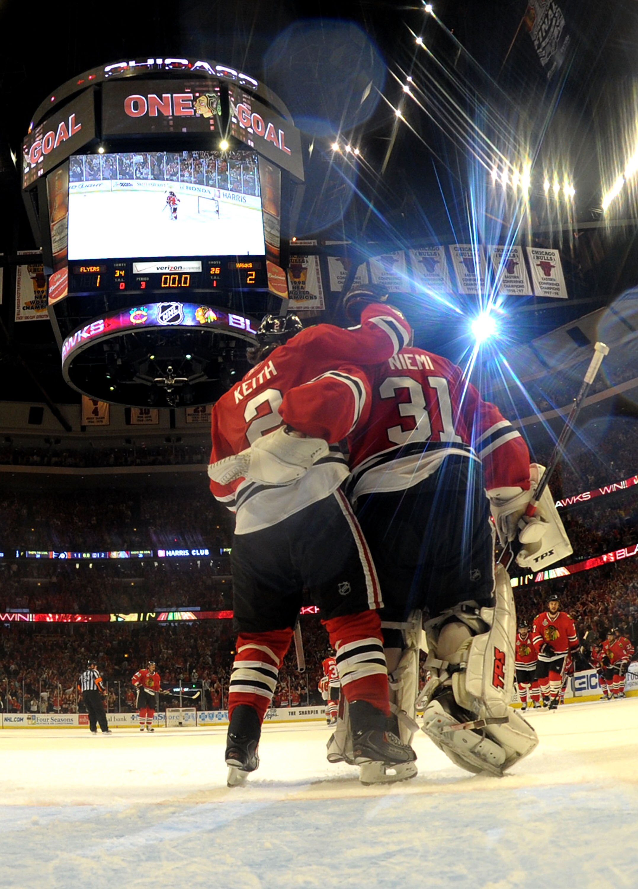 CHICAGO - MAY 31:  Duncan Keith #2 and Antti Niemi #31 of the Chicago Blackhawks celebrates after defeating the Philadelphia Flyers by a score of 2-1 to win Game Two of the 2010 NHL Stanley Cup Final at the United Center on May 31, 2010 in Chicago, Illino