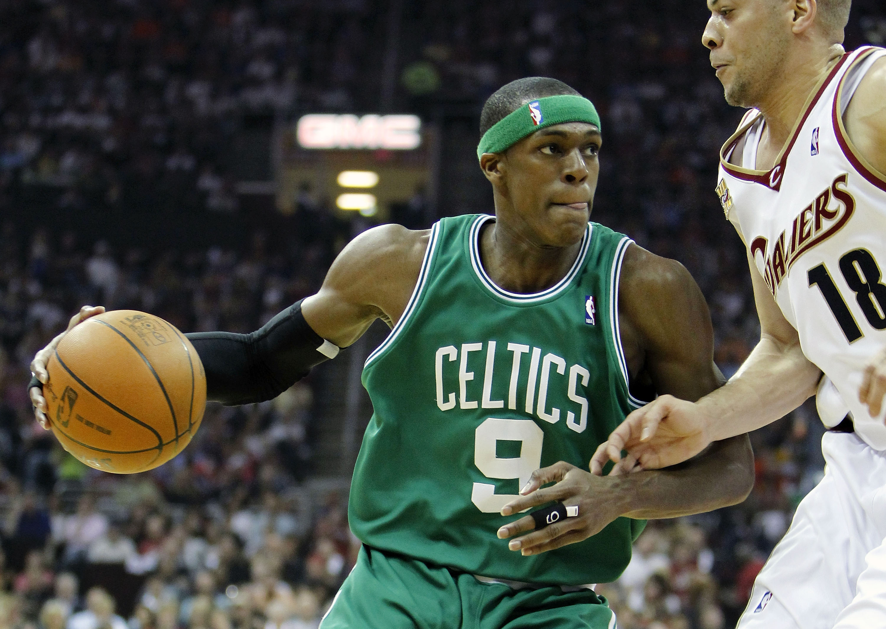 CLEVELAND - MAY 01:  Rajon Rondo #9 of the Boston Celtics tries to drive around Anthony Parker #18 of the Cleveland Cavaliers in Game One of the Eastern Conference Semifinals during the 2010 NBA Playoffs at Quicken Loans Arena on May 1, 2010 in Cleveland,