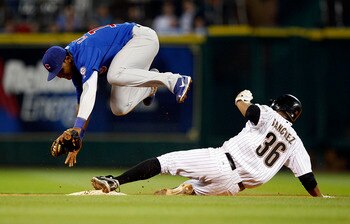 HOUSTON - APRIL 12:  Angel Sanchez #36 is forced out at second base as shortstop Starlin Castro #13 of the Chicago Cubs avoids the slide at Minute Maid Park on April 12, 2011 in Houston, Texas.  (Photo by Bob Levey/Getty Images)