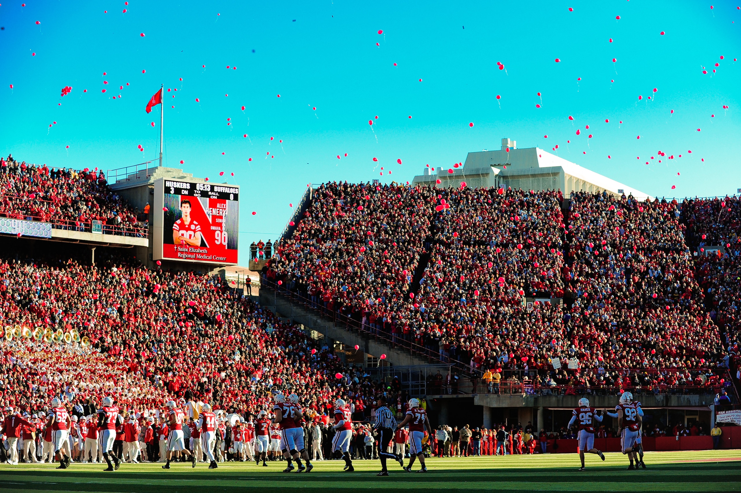 LINCOLN, NE - NOVEMBER 26: A release of balloons into the November sky celebrates Nebrask'a first touchdown of the game against the Colorado Buffaloes during their game at Memorial Stadium on November 26, 2010 in Lincoln, Nebraska. Nebraska defeated Color