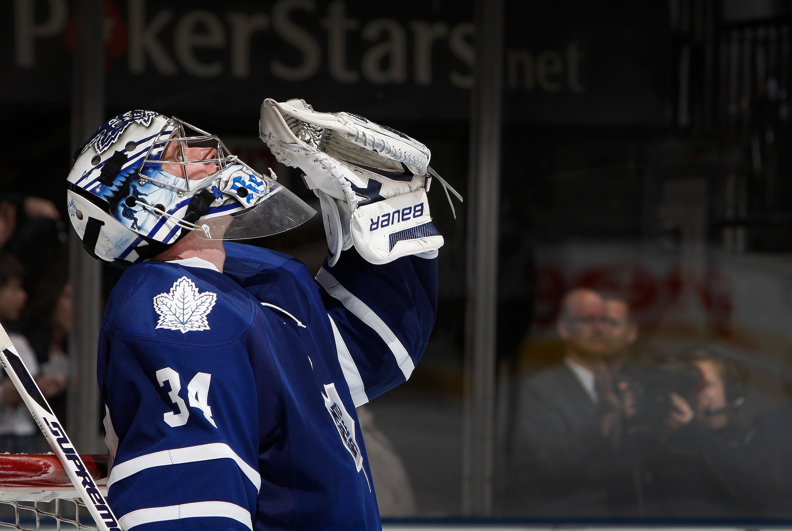 TORONTO, CANADA - MARCH 19  James Reimer #34 of the Toronto Maple Leafs celebrates the 5-2 win over the Boston Bruins during game action at the Air Canada Centre March 19, 2011 in Toronto, Ontario, Canada. (Photo by Abelimages/Getty Images)