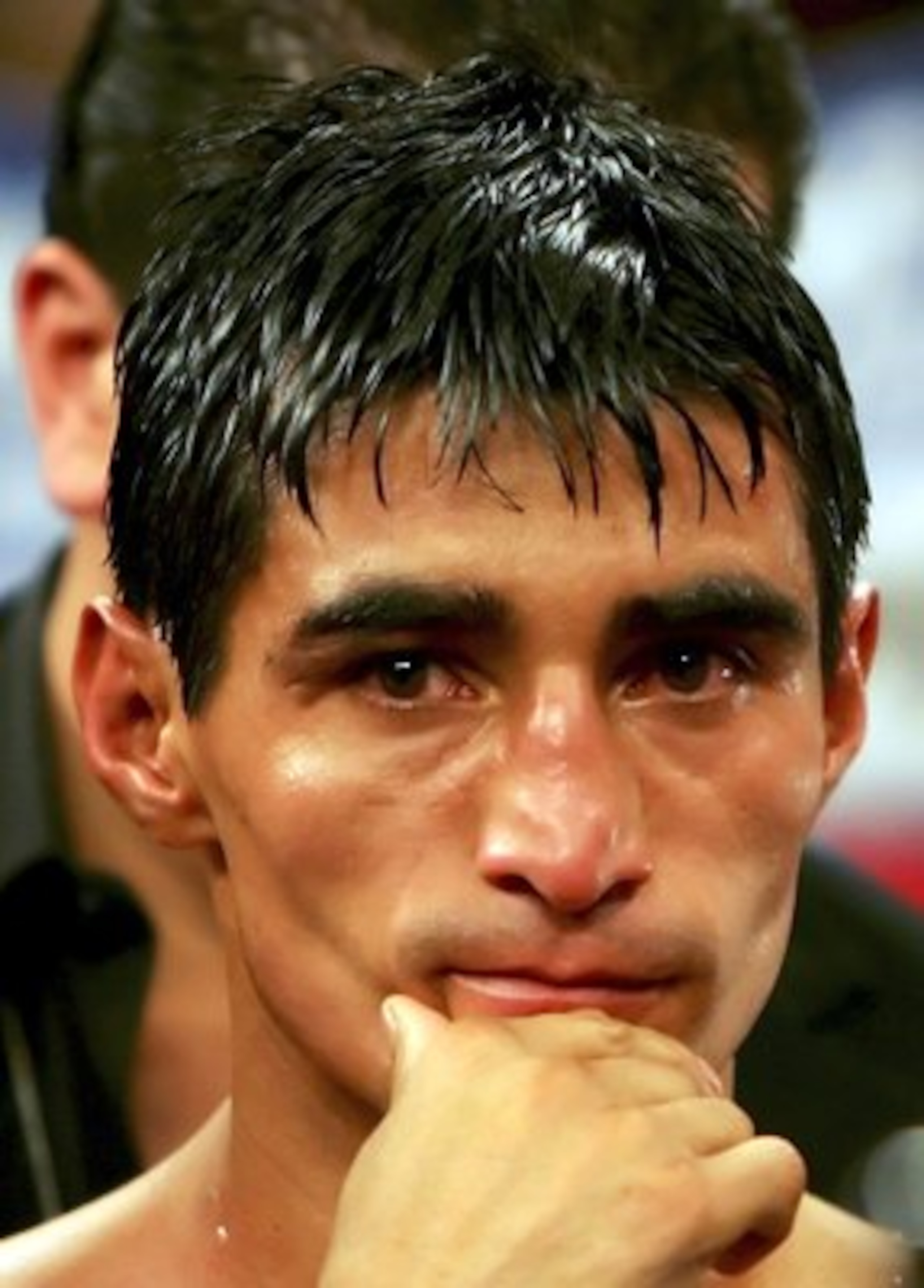 LAS VEGAS - NOVEMBER 18:  Erik Morales of Mexico waits to be interviewed after his super featherweight bout against Manny Pacquiao of the Philippines at the Thomas & Mack Center on November 18, 2006 in Las Vegas, Nevada. Pacquaio knocked out Morales in th