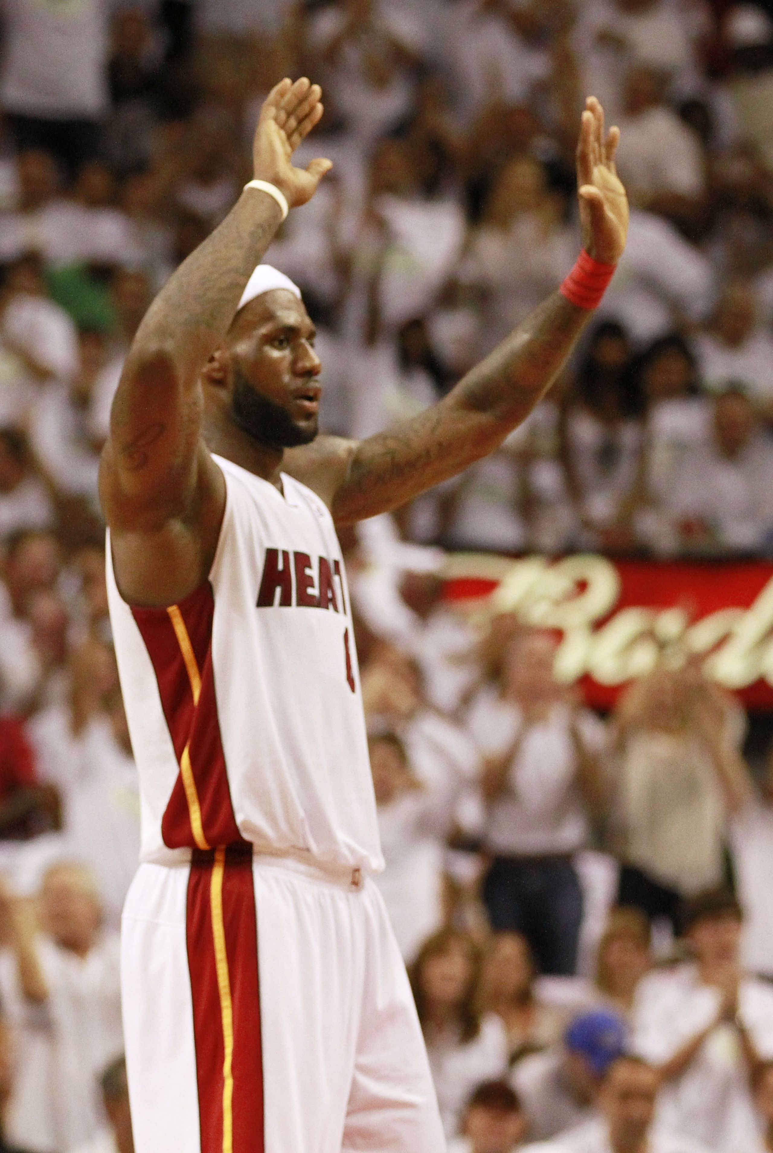 MIAMI, FL - APRIL 16: Forward LeBron James #6 celebrates against the Philadelphia 76ers at the American Airlines Arena in game one of the Eastern Conference Quarterfinals in the 2011 NBA Playoffs on April 16, 2011 in Miami, Florida. NOTE TO USER: User e MIAMI, FL - APRIL 16: Forward LeBron James #6 celebrates against the Philadelphia 76ers at the American Airlines Arena in game one of the Eastern Conference Quarterfinals in the 2011 NBA Playoffs on April 16, 2011 in Miami, Florida. NOTE TO USER: User e