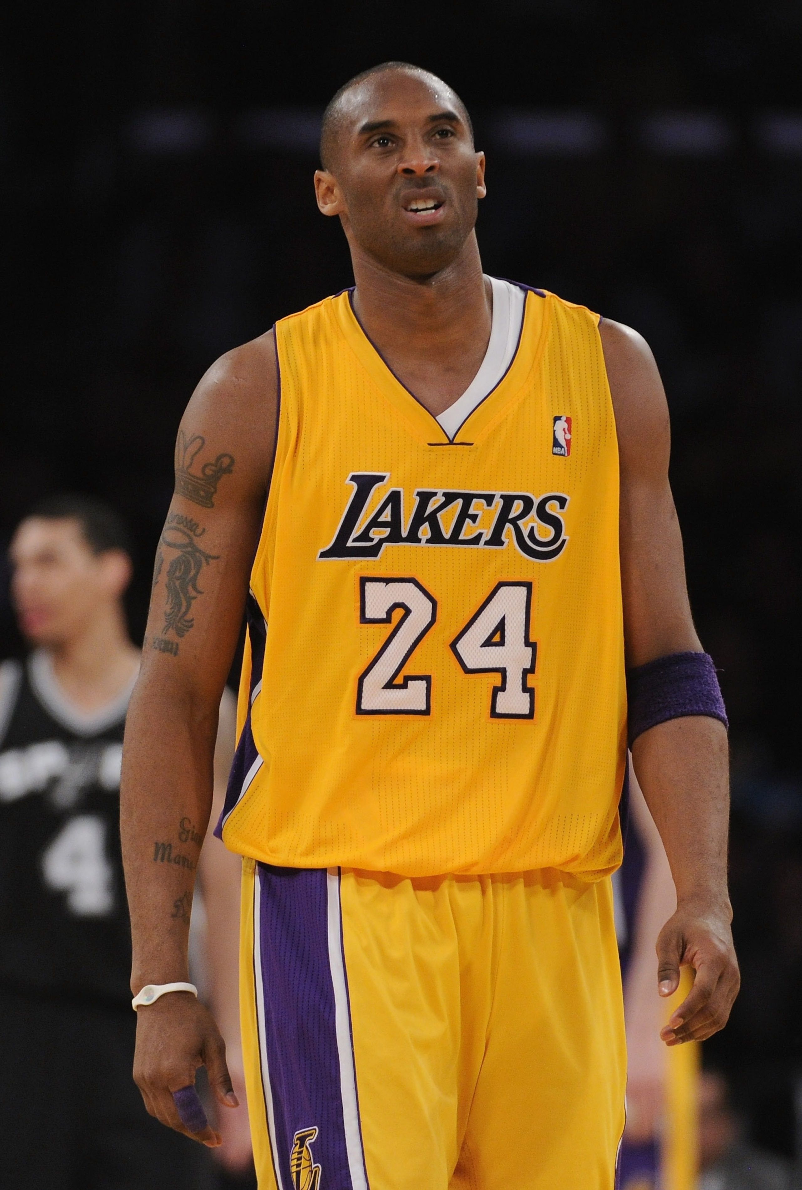 LOS ANGELES, CA - APRIL 12: Kobe Bryant #24 of the Los Angeles Lakers reacts after a fould during the game against the San Antonio Spurs at Staples Center on April 12, 2011 in Los Angeles, California. NOTE TO USER: User expressly acknowledges and agrees LOS ANGELES, CA - APRIL 12: Kobe Bryant #24 of the Los Angeles Lakers reacts after a fould during the game against the San Antonio Spurs at Staples Center on April 12, 2011 in Los Angeles, California. NOTE TO USER: User expressly acknowledges and agrees