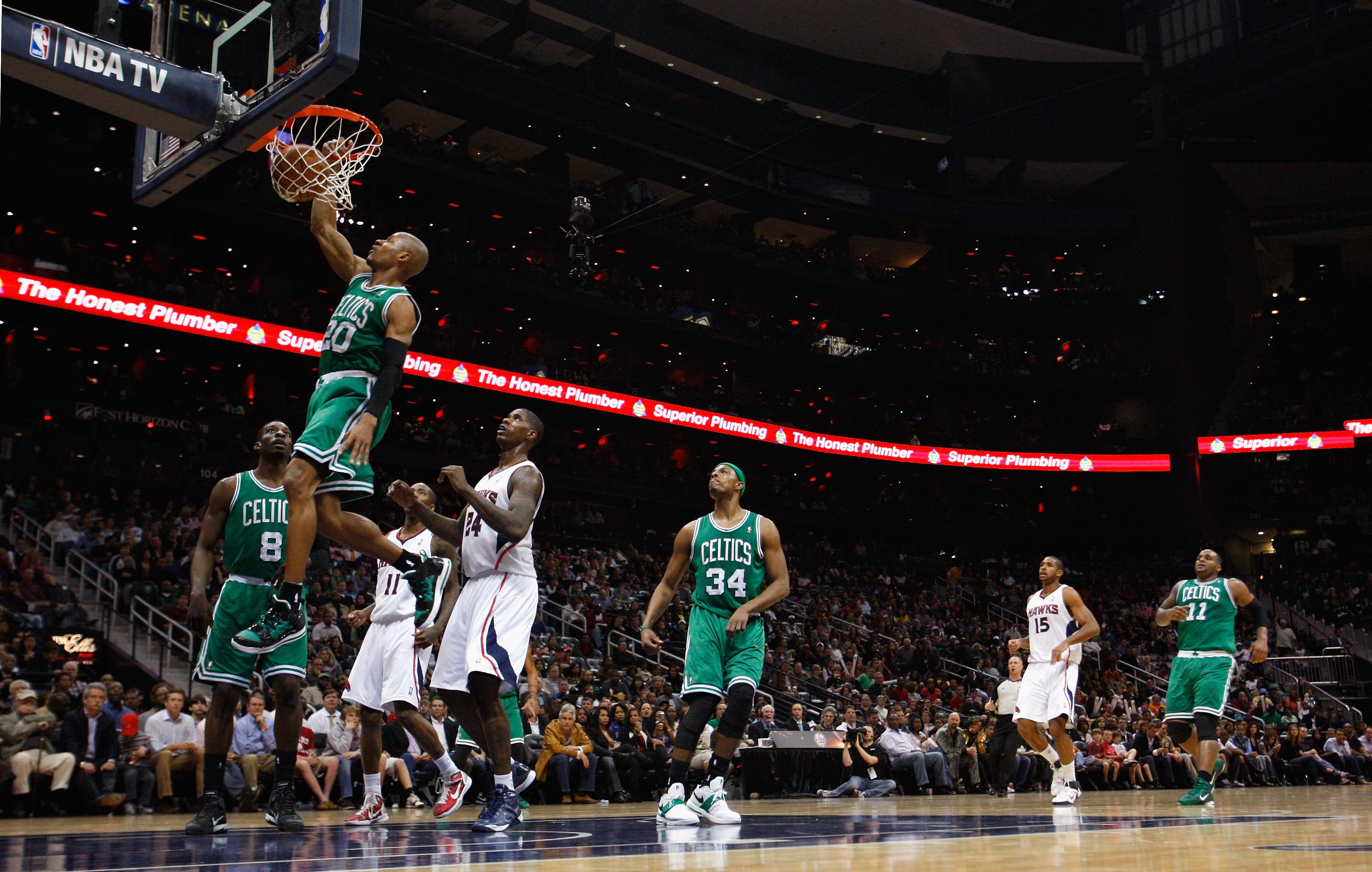 ATLANTA, GA - APRIL 01:  Ray Allen #20 of the Boston Celtics against the Atlanta Hawks at Philips Arena on April 1, 2011 in Atlanta, Georgia.  NOTE TO USER: User expressly acknowledges and agrees that, by downloading and/or using this Photograph, user is