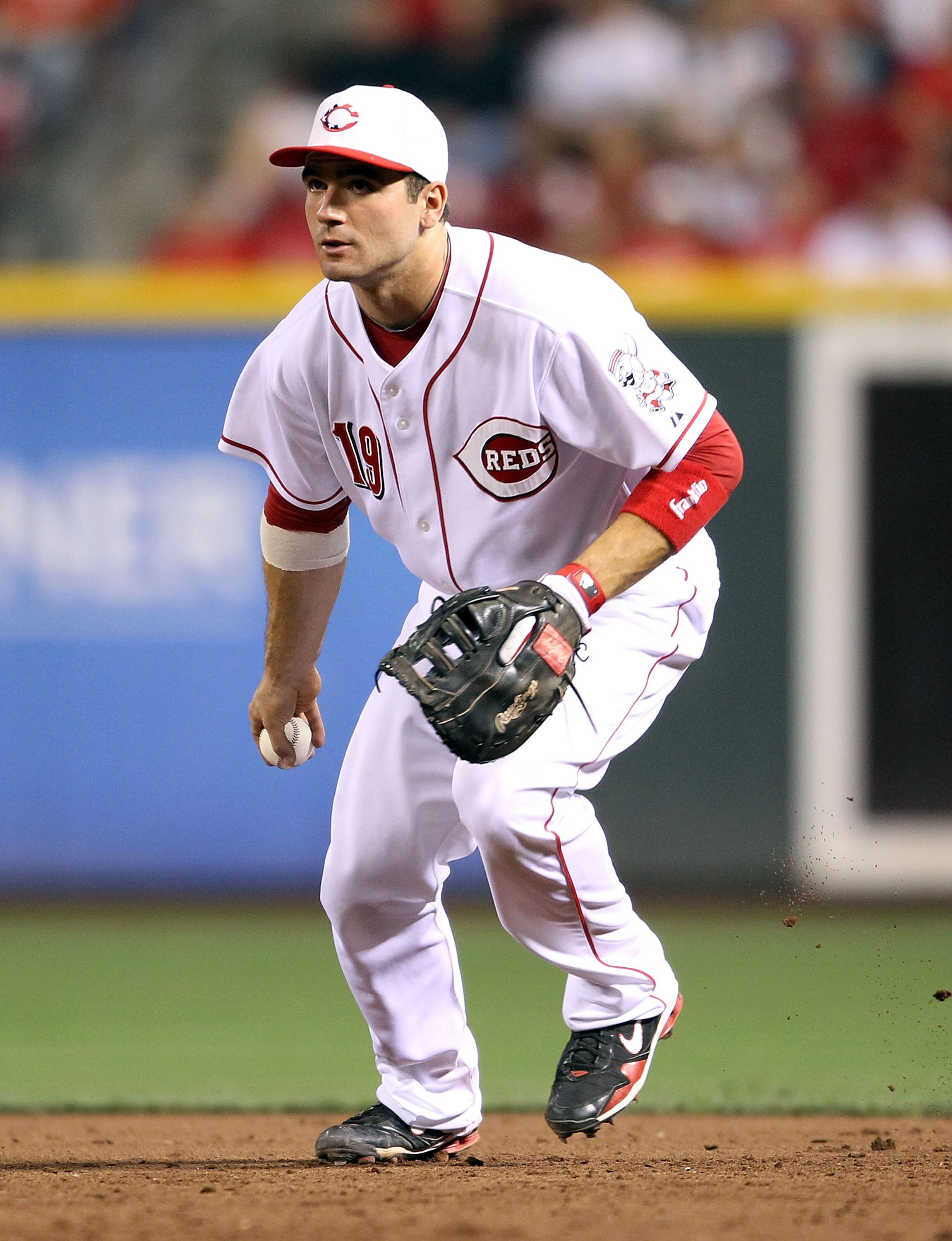 CINCINNATI - SEPTEMBER 11:  Joey Votto #19 of the Cincinnati Reds plays first base during the game against the Pittsburg Pirates at Great American Ball Park on September 11, 2010 in Cincinnati, Ohio. The Reds won 5-4  (Photo by Andy Lyons/Getty Images)