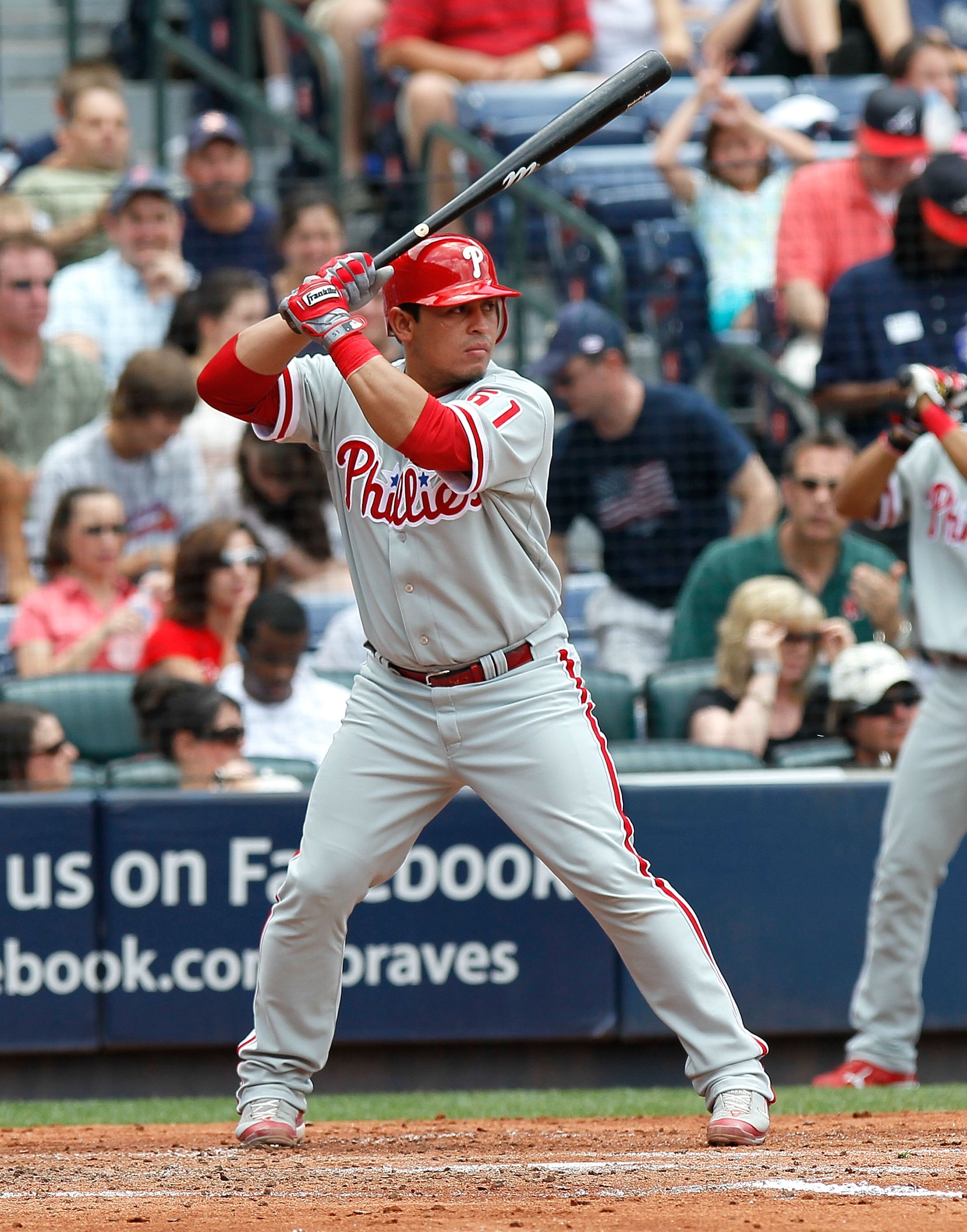ATLANTA - MAY 31:  Carlos Ruiz #51 of the Philadelphia Phillies against the Atlanta Braves at Turner Field on May 31, 2010 in Atlanta, Georgia.  (Photo by Kevin C. Cox/Getty Images)