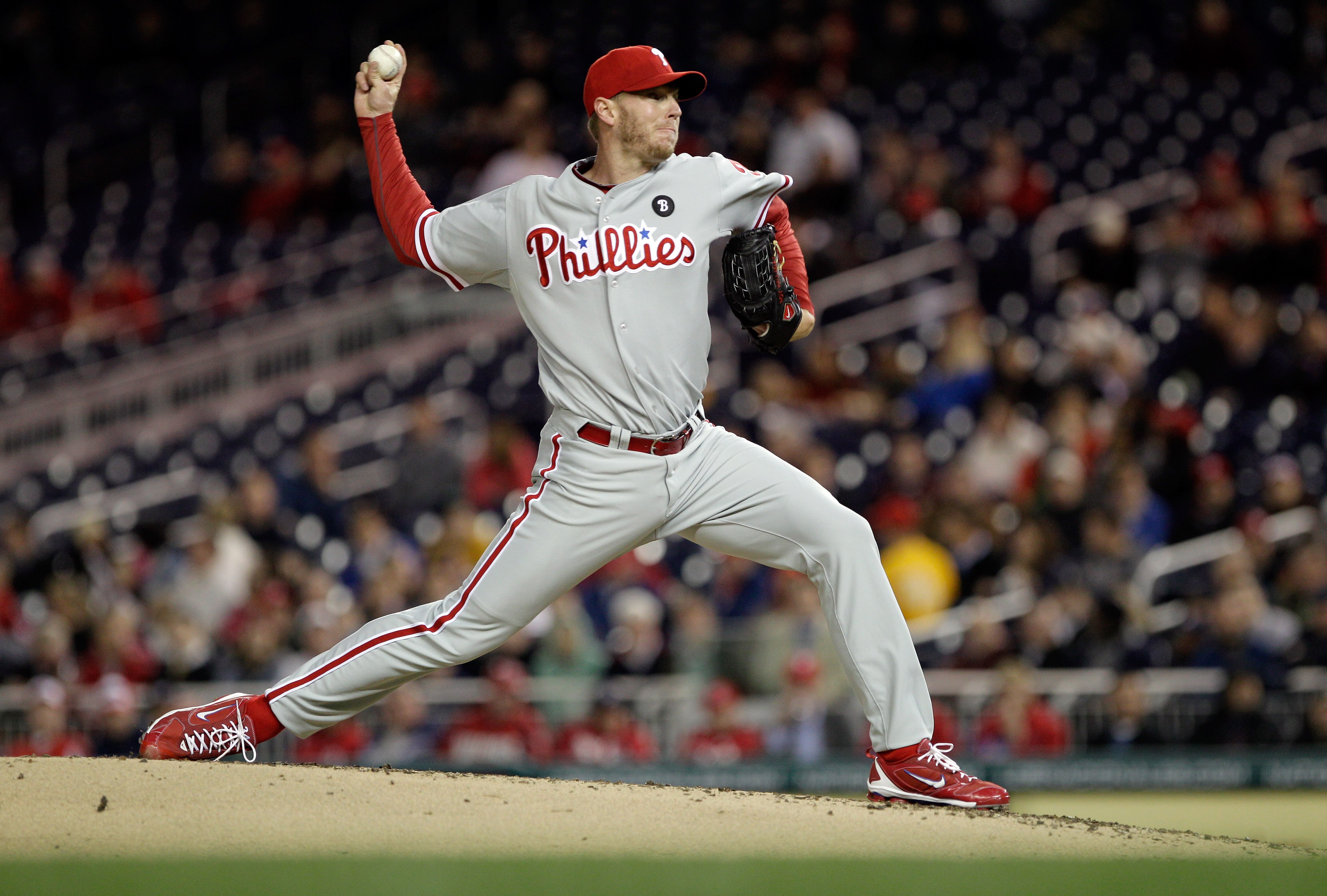 WASHINGTON, DC - APRIL 13: Roy Halladay #34 of the Philadelphia Phillies delivers to a Washington Nationals batter during the third inning at Nationals Park on April 13, 2011 in Washington, DC.  (Photo by Rob Carr/Getty Images)