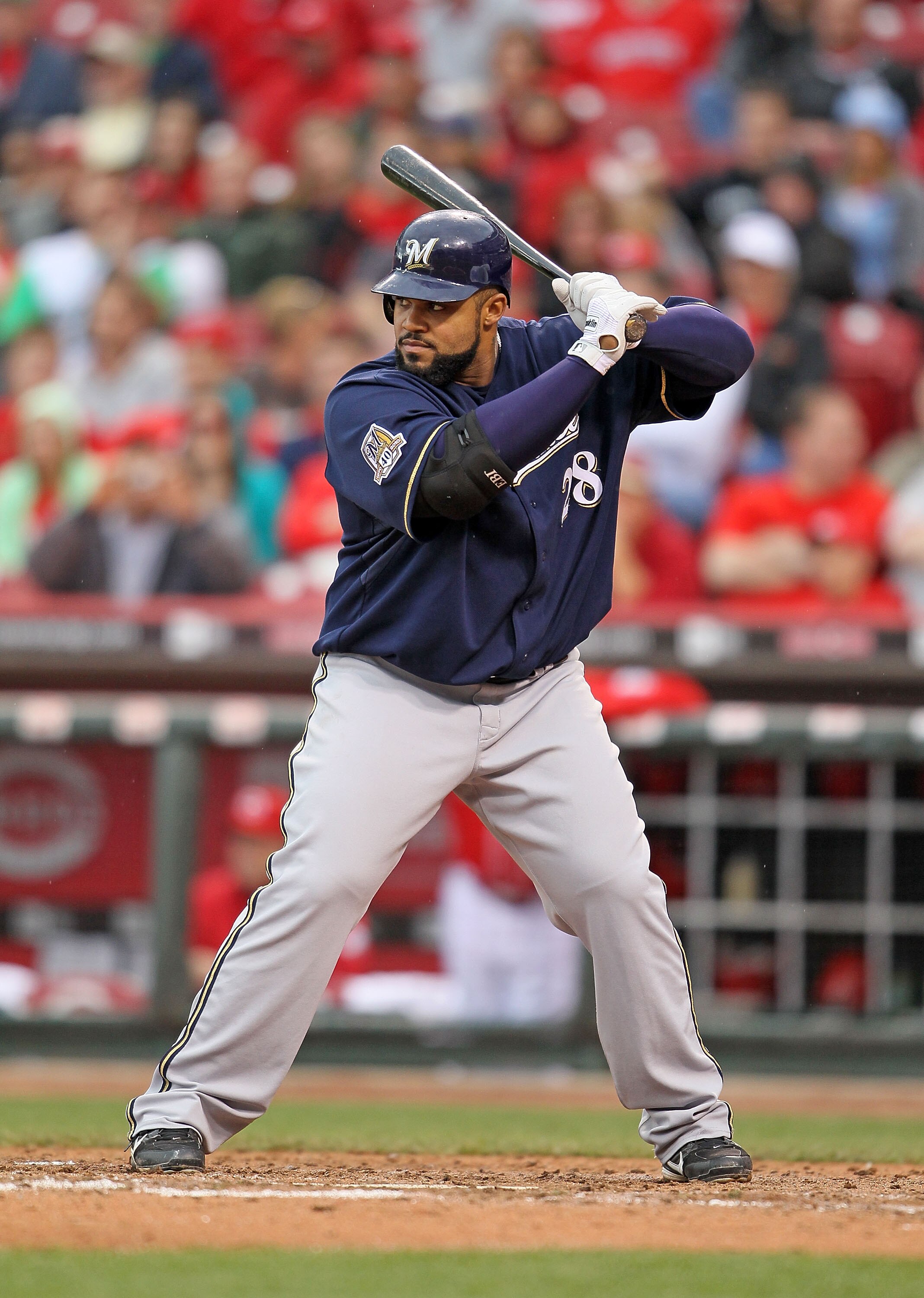 CINCINNATI - MAY 18:  Prince Fielder #28 of the Milwaukee Brewers is at bat during the game against the Cincinnati Reds at Great American Ball Park on May 18, 2010 in Cincinnati, Ohio.  (Photo by Andy Lyons/Getty Images)
