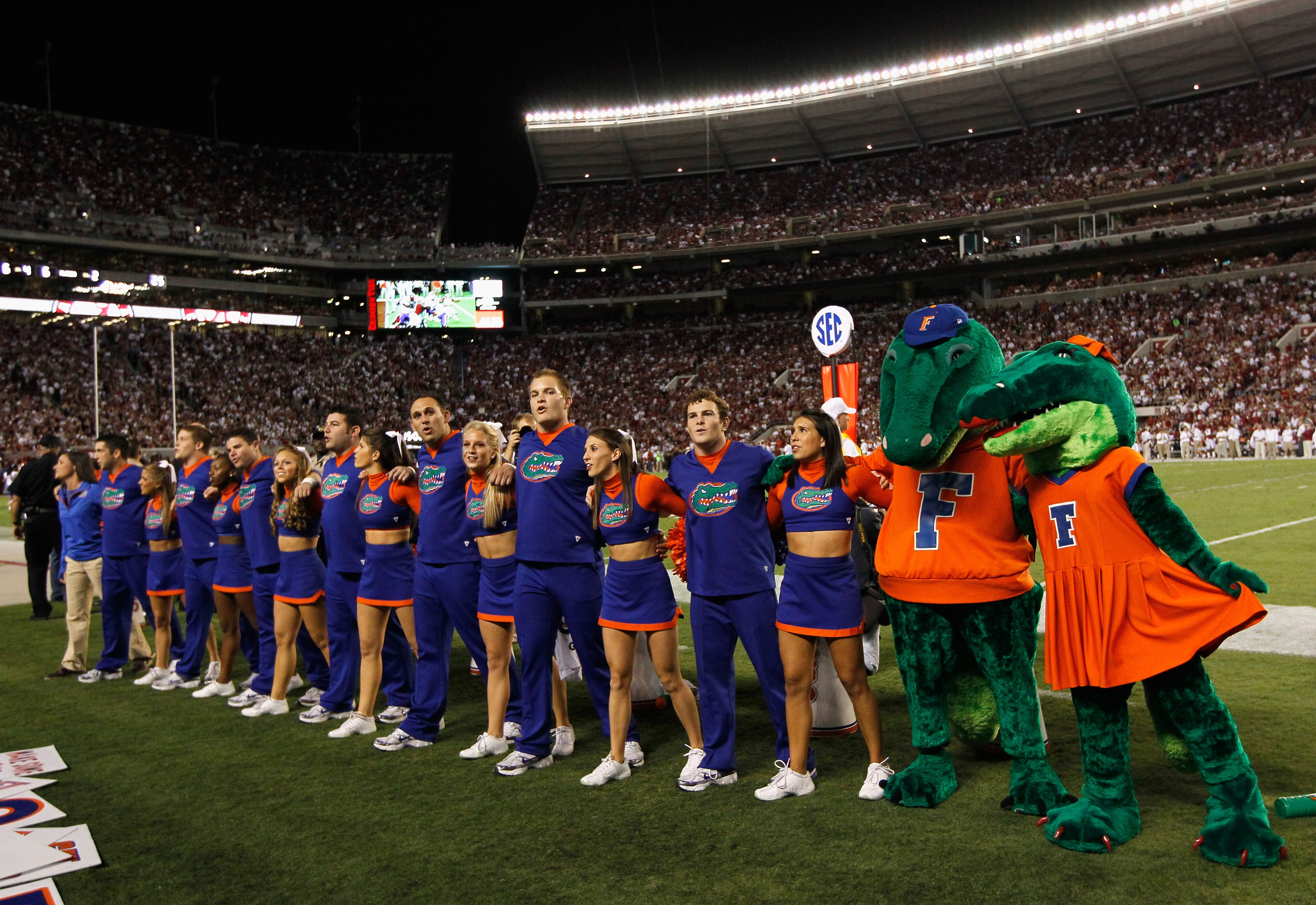 TUSCALOOSA, AL - OCTOBER 02: Cheerleaders and mascots of the Florida Gators during the game against the Alabama Crimson Tide at Bryant-Denny Stadium on October 2, 2010 in Tuscaloosa, Alabama. (Photo by Kevin C. Cox/Getty Images) TUSCALOOSA, AL - OCTOBER 02: Cheerleaders and mascots of the Florida Gators during the game against the Alabama Crimson Tide at Bryant-Denny Stadium on October 2, 2010 in Tuscaloosa, Alabama. (Photo by Kevin C. Cox/Getty Images)