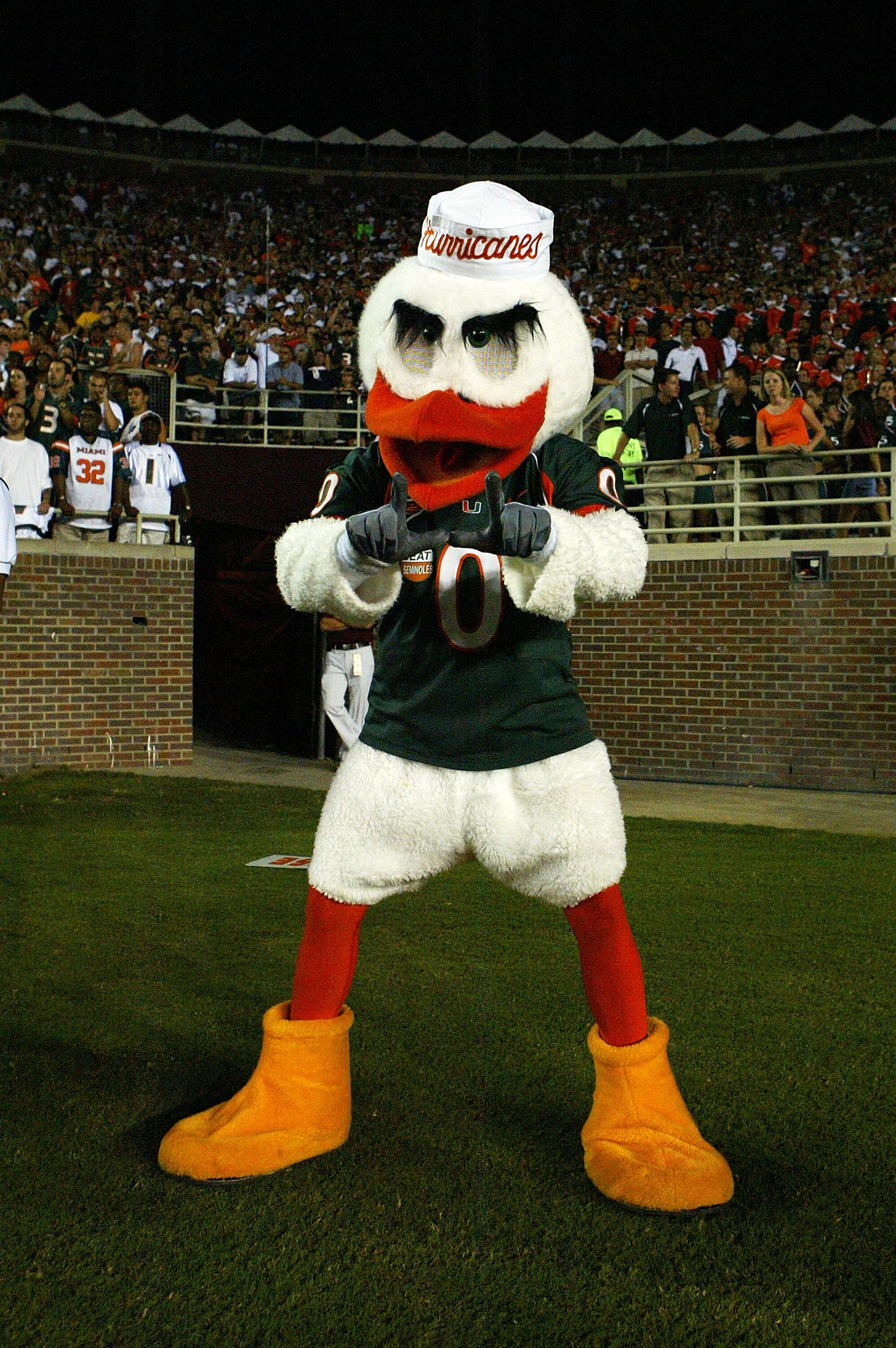 TALLAHASSEE, FL - SEPTEMBER 05:  Miami mascot Sebastian the ibis of the Miami Hurricanes works the crowd against the Florida State Seminoles at Doak Campbell Stadium on September 5, 2005 in Tallahassee, Florida.  (Photo by Doug Benc/Getty Images)