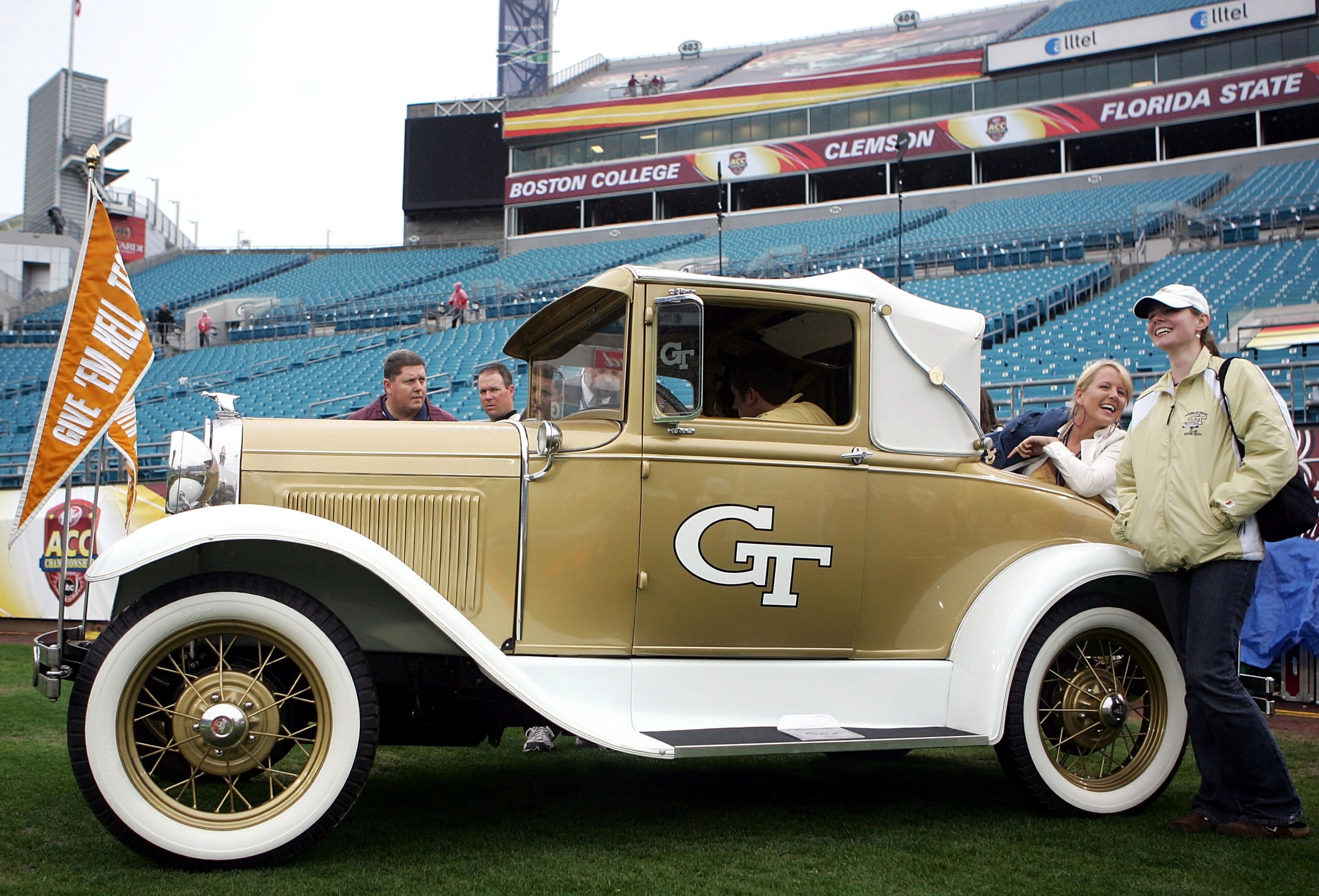 JACKSONVILLE, FL - DECEMBER 02: Georgia Tech Yellow Jackets fans drive onto the field in an antique car prior to a game against the Wake Forest Demon Deacons during the Atlantic Coast Conference Championship on December 2, 2006 at Alltel Stadium in Jacks JACKSONVILLE, FL - DECEMBER 02: Georgia Tech Yellow Jackets fans drive onto the field in an antique car prior to a game against the Wake Forest Demon Deacons during the Atlantic Coast Conference Championship on December 2, 2006 at Alltel Stadium in Jacks