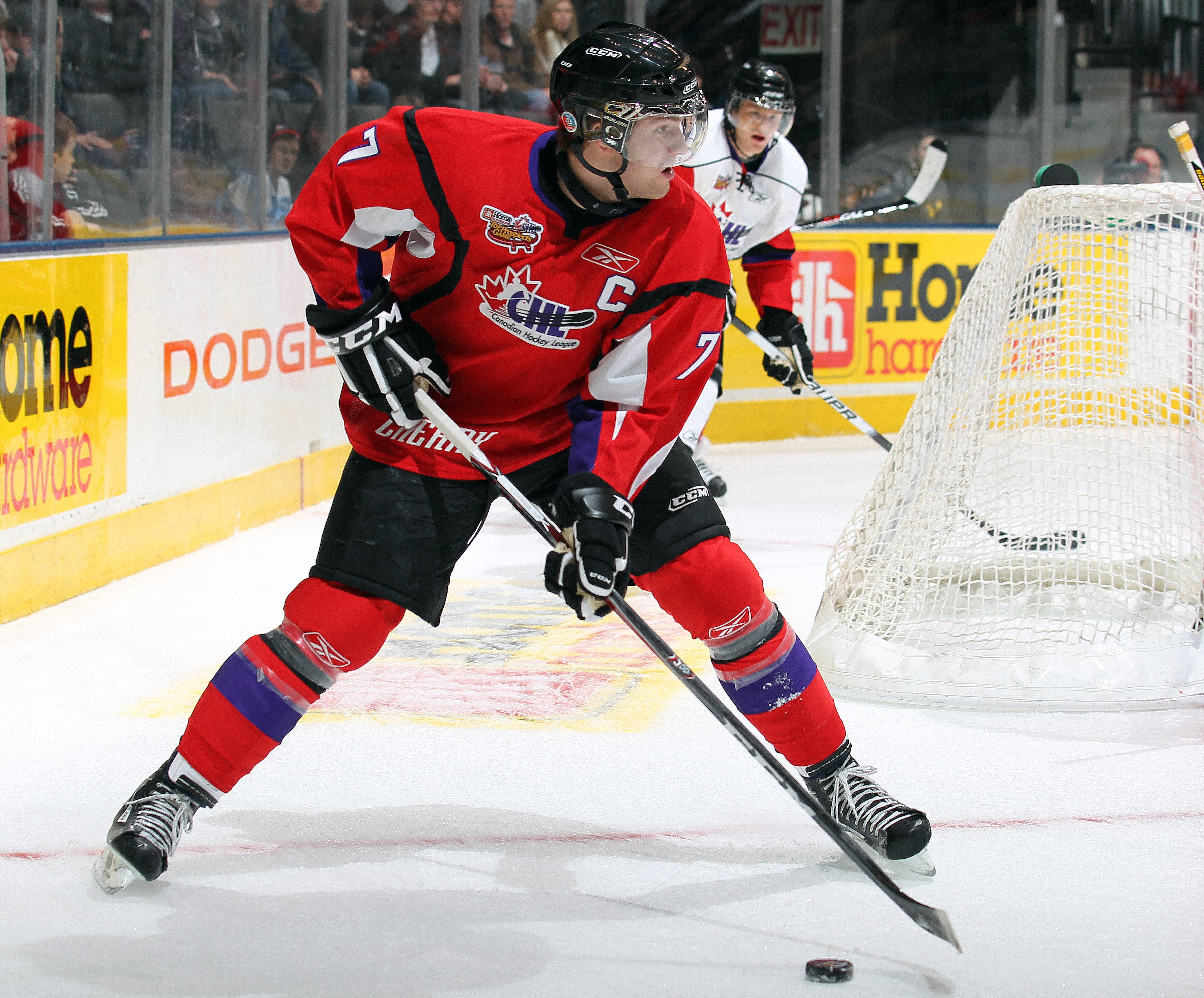 TORONTO, CAN - JANUARY 19:  Sean Couturier #7 of Team Cherry skates with the puck against Team Orr in the 2011 Home Hardware Top Prospects game on January 19, 2011 at the Air Canada Centre in Toronto, Canada. Team Orr defeated Team Cherry 7-1. (Photo by C