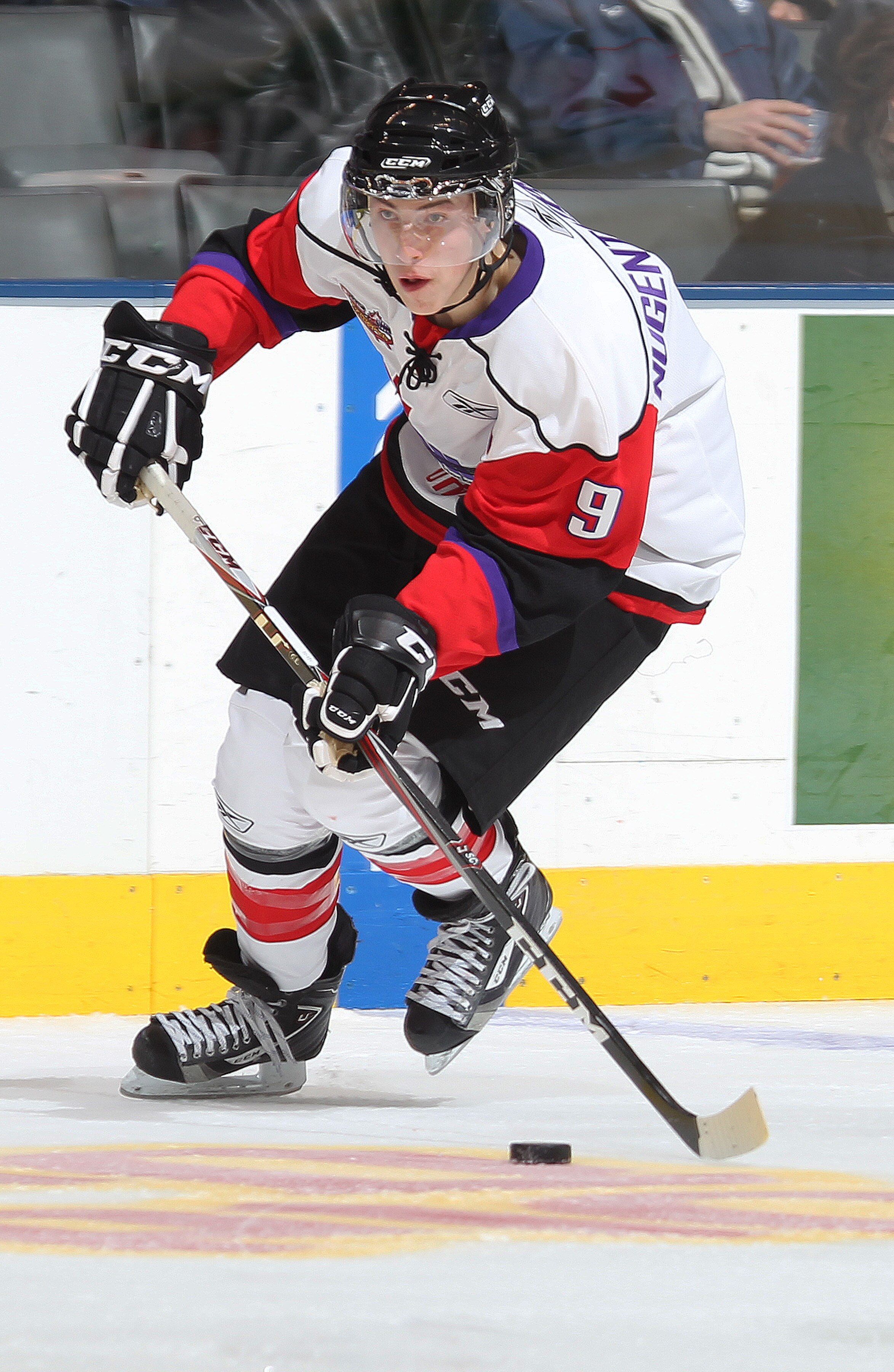 TORONTO, CAN - JANUARY 19:  Ryan Nugent-Hopkins #9 of Team Orr skates with the puck against Team Cherry in the 2011 Home Hardware Top Prospects game on January 19, 2011 at the Air Canada Centre in Toronto, Canada. Team Orr defeated Team Cherry 7-1. (Photo