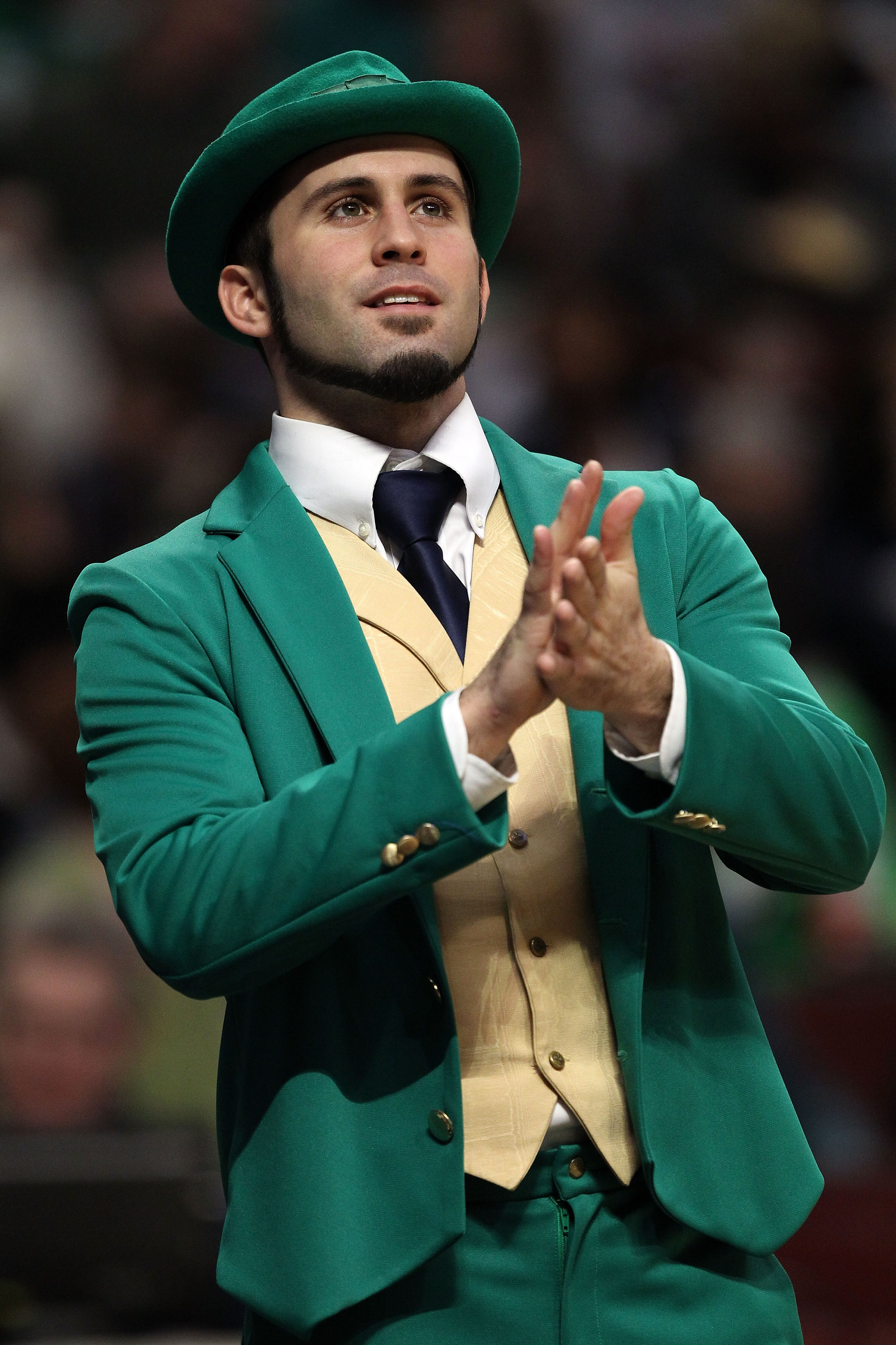 CHICAGO, IL - MARCH 18:  The Notre Dame leprechaun cheers during the first half of the game betweek the Notre Dame Fighting Irish and the Akron Zips during the second round of the 2011 NCAA men's basketball tournament at the United Center on March 18, 201